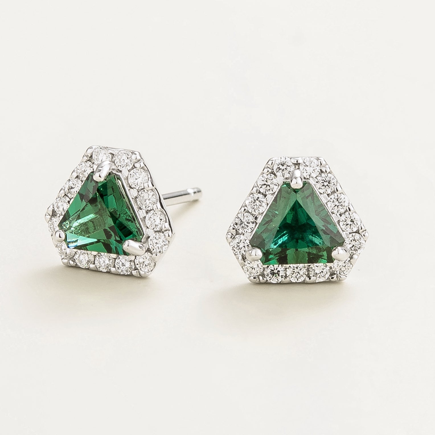 Diana Emerald Triangle Cut & Diamond Halo Stud Earrings in White Gold