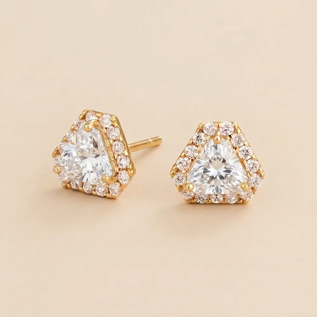 Diana Diamond Triangle Cut & Diamond Halo Stud Earrings in Gold
