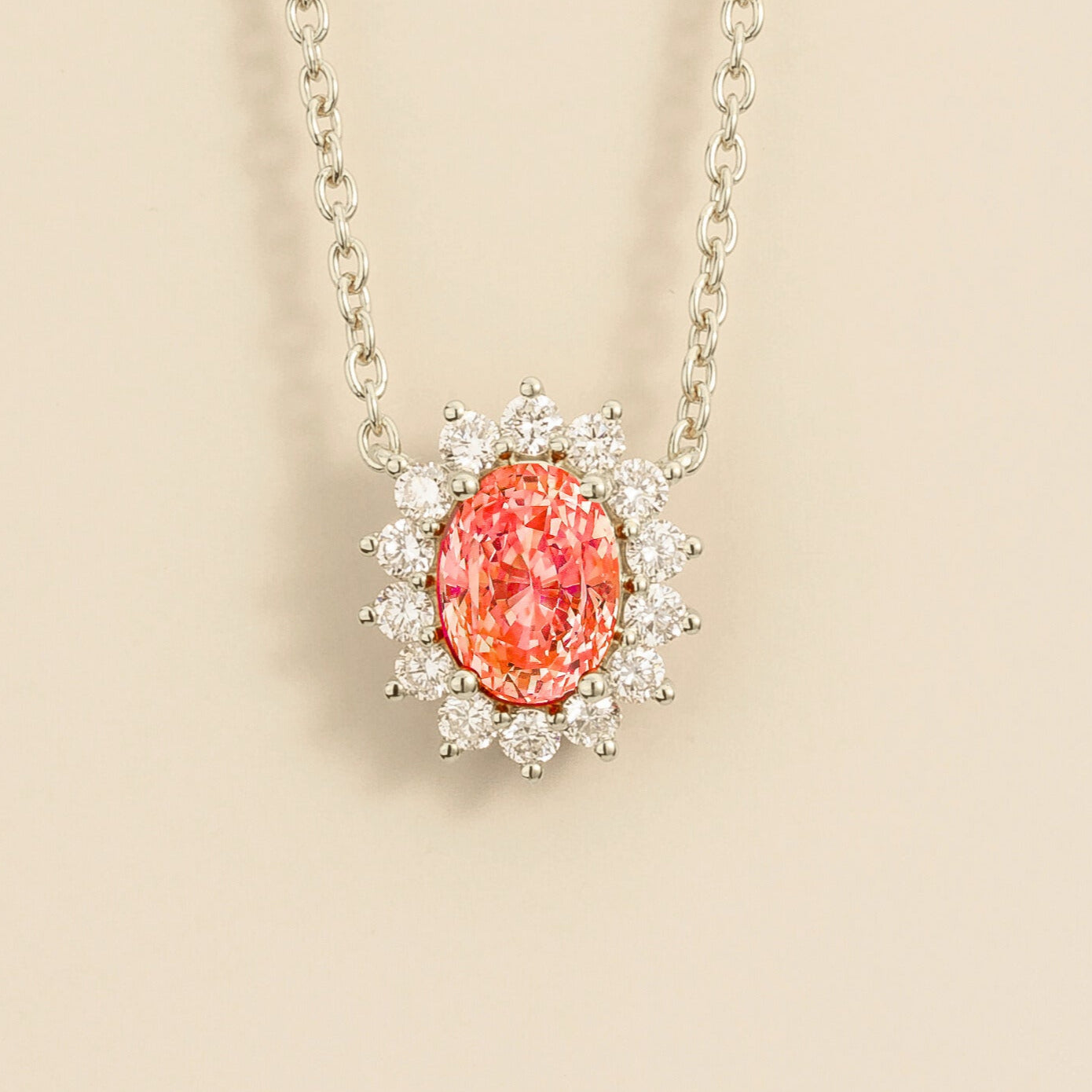 Divo White Gold Necklace Set With Padparadscha Sapphire & Diamond