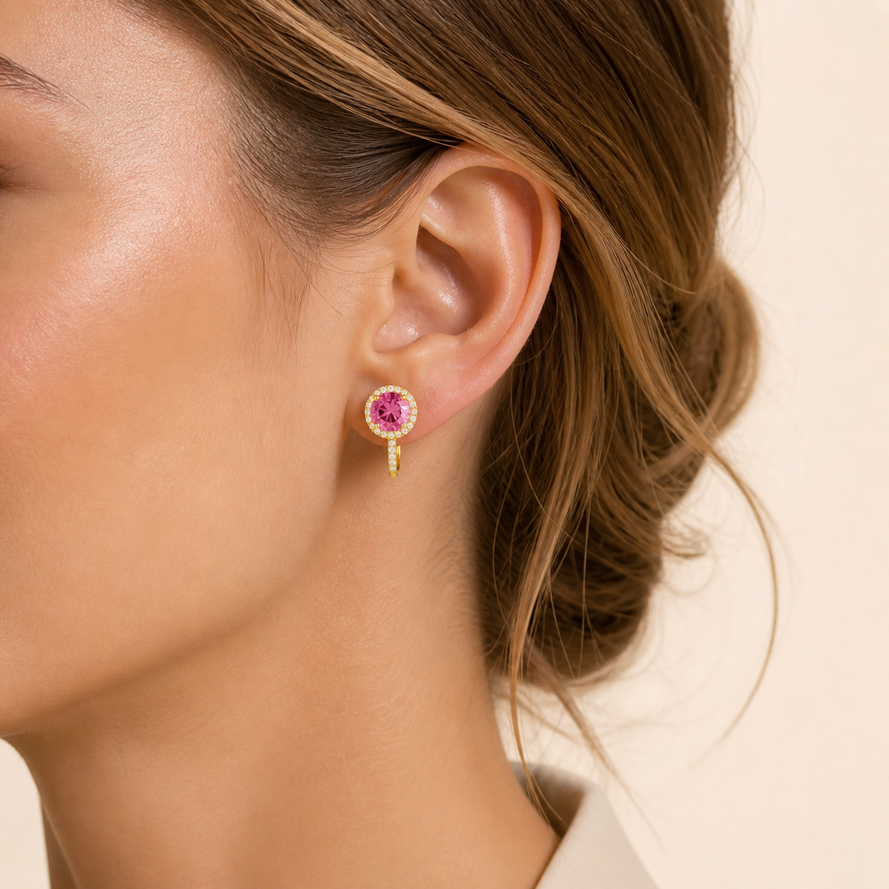Djerv Pink Sapphire & Diamond Halo Hudggie Earrings in Gold