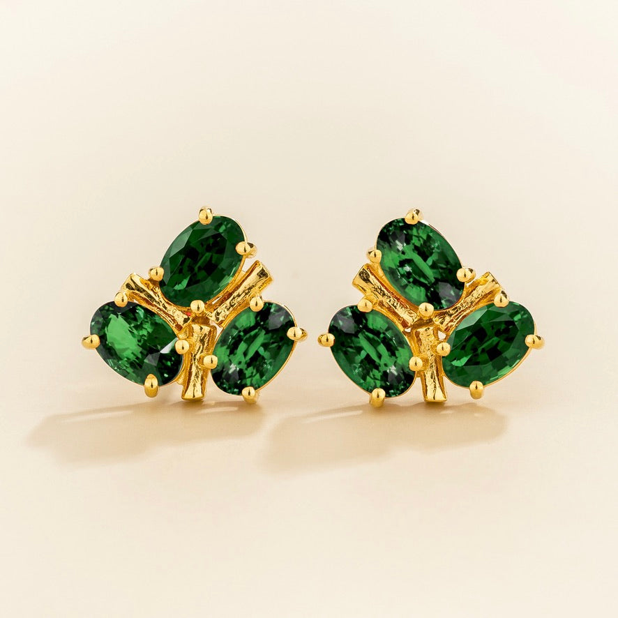 Ligna Oval Emerald Cluster Stud Earrings in Gold