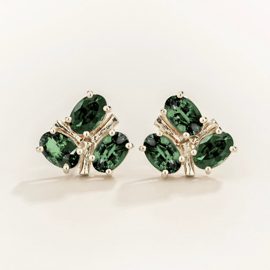 Ligna Oval Emerald Cluster Stud Earrings in White Gold