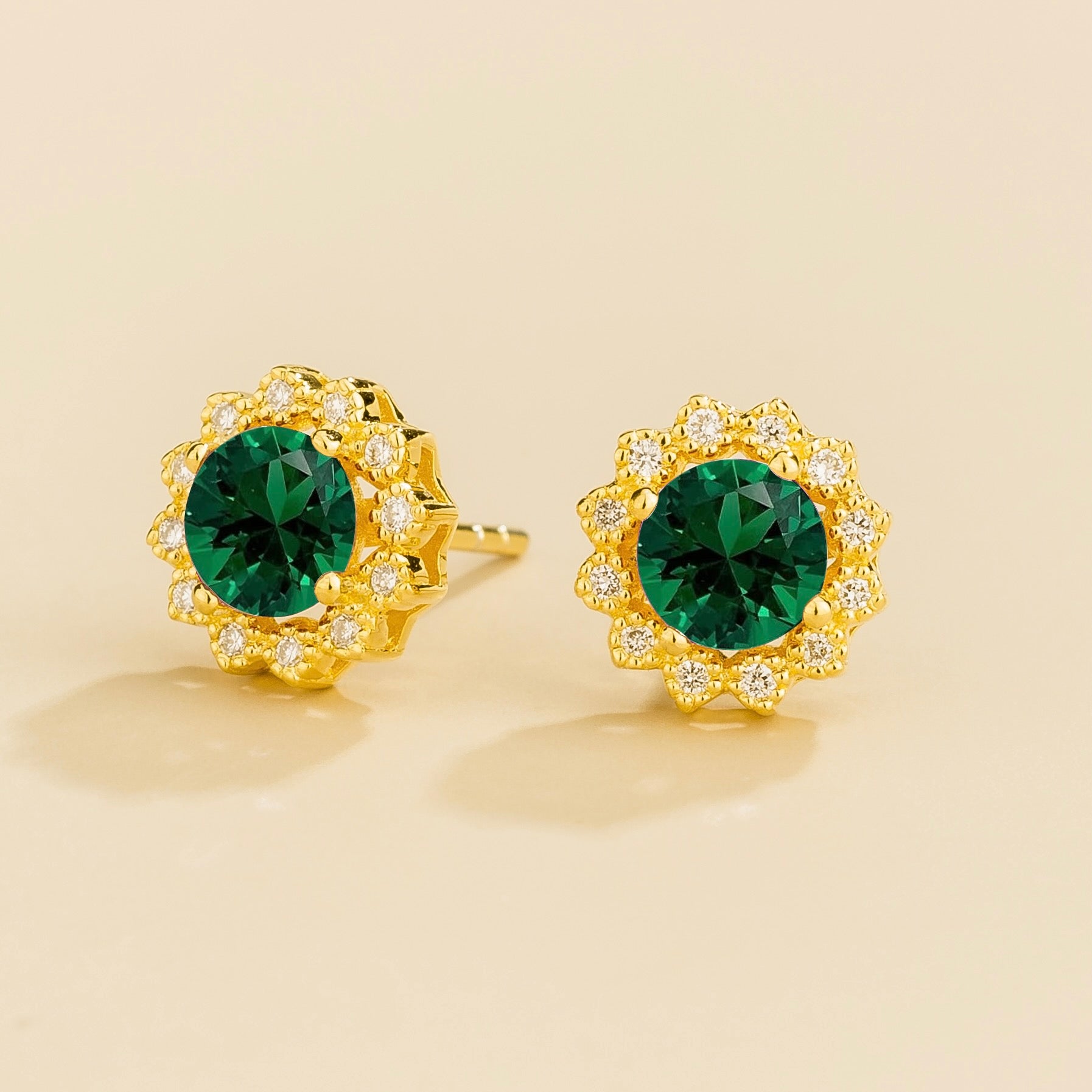 Solen Emerald Round & Diamond Halo Stud Earrings in Gold