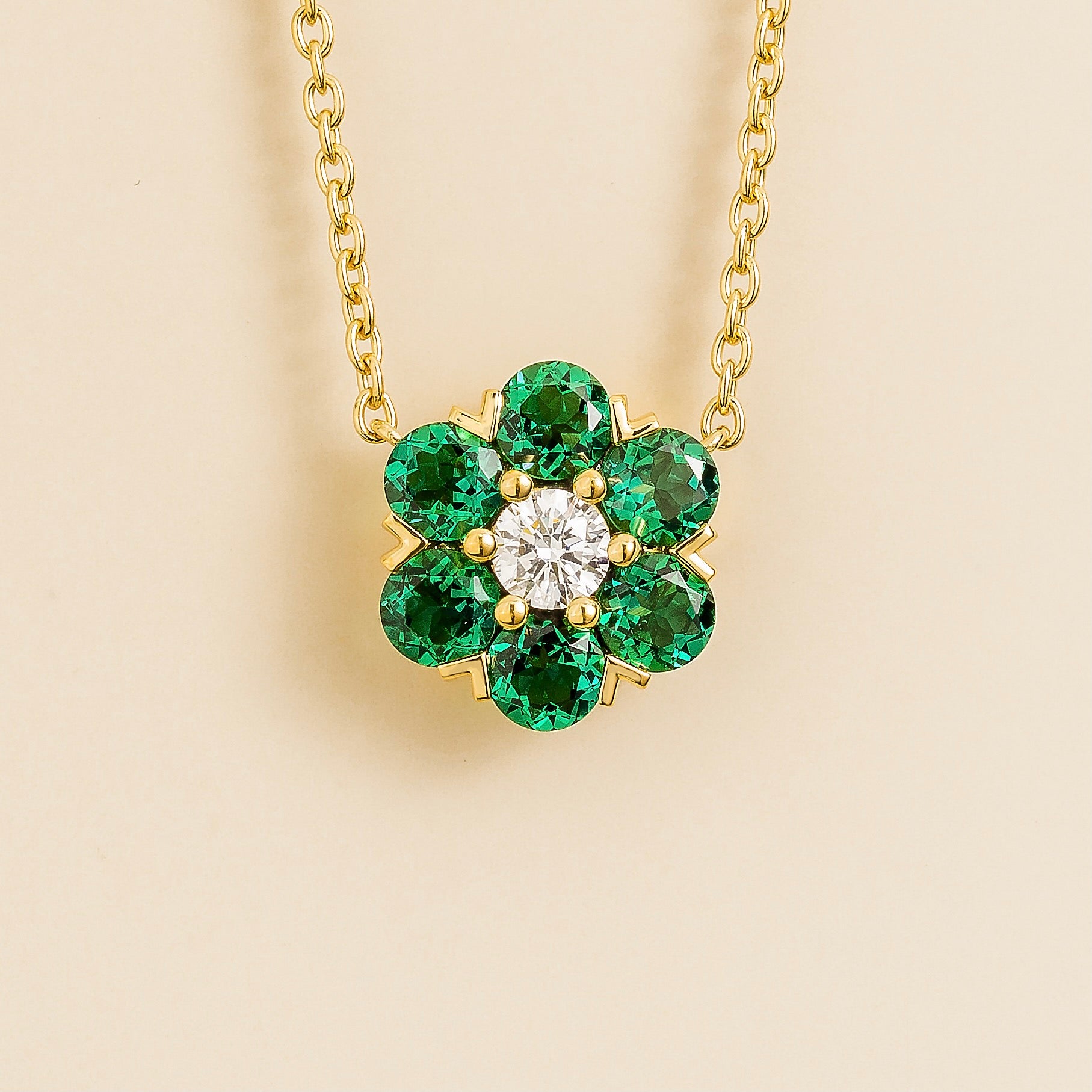 Cinq Emerald & Diamond Flower Pendant Necklace in Gold