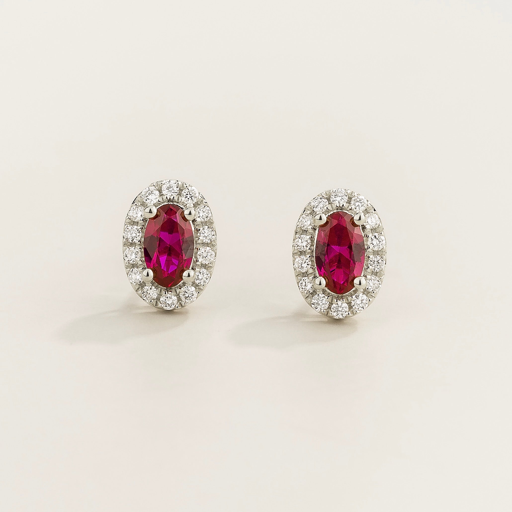 Mina Oval Ruby & Diamond Halo Earrings In White Gold - Mini