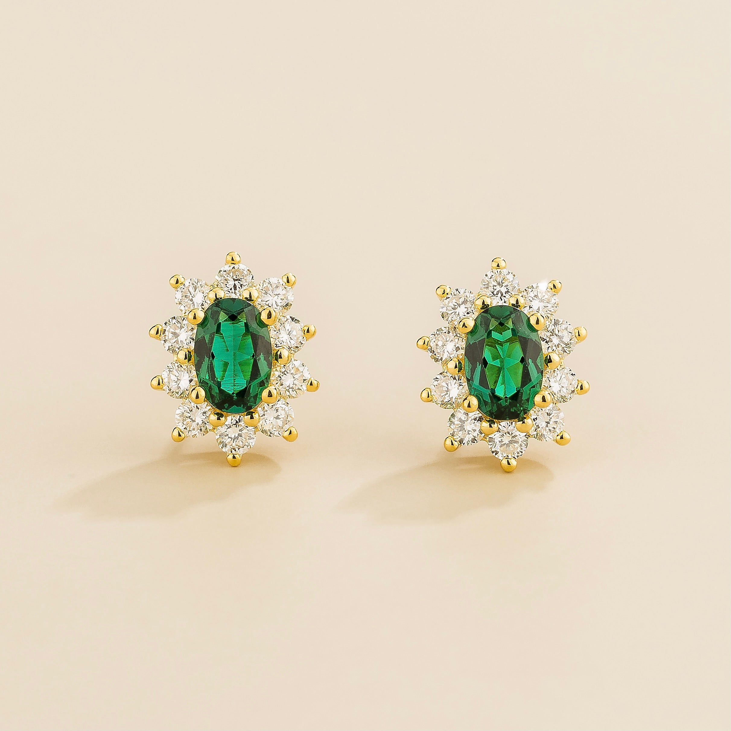 Oda Emerald Oval & Diamond Halo Earrings in Gold