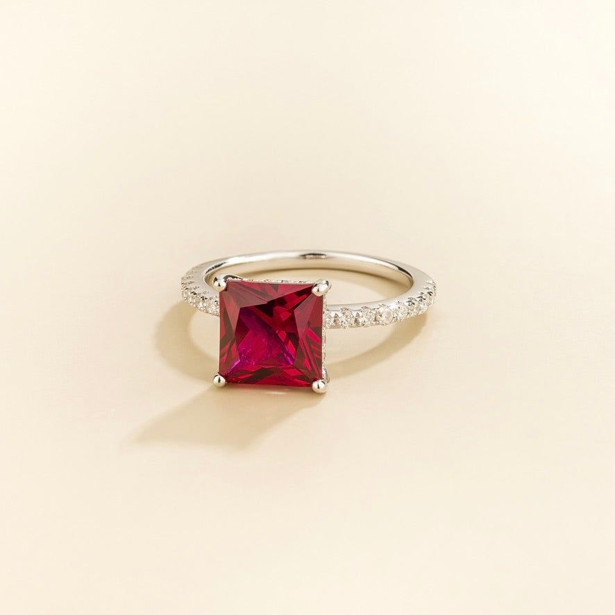 Rena Ruby Princess-Cut Ring with Pavé Diamond Band in White Gold