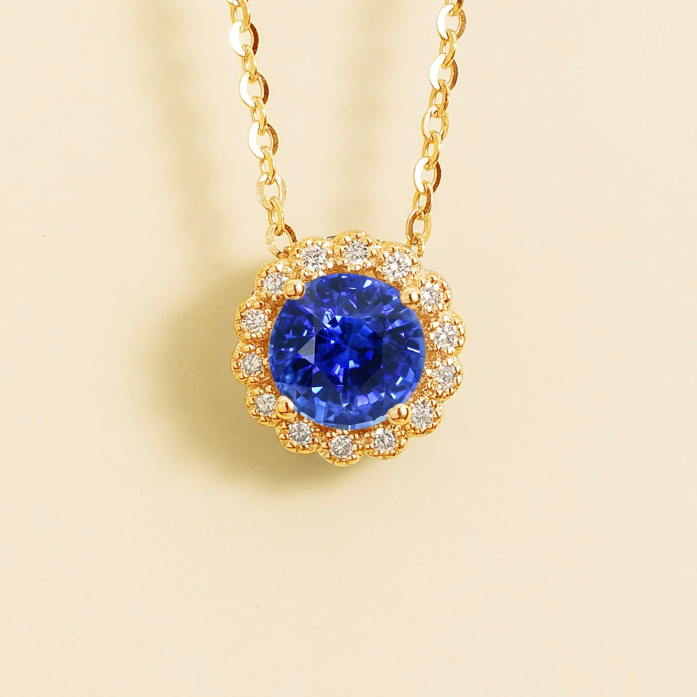 Solen Blue Sapphire Round & Diamond Halo Pendant Necklace in Gold