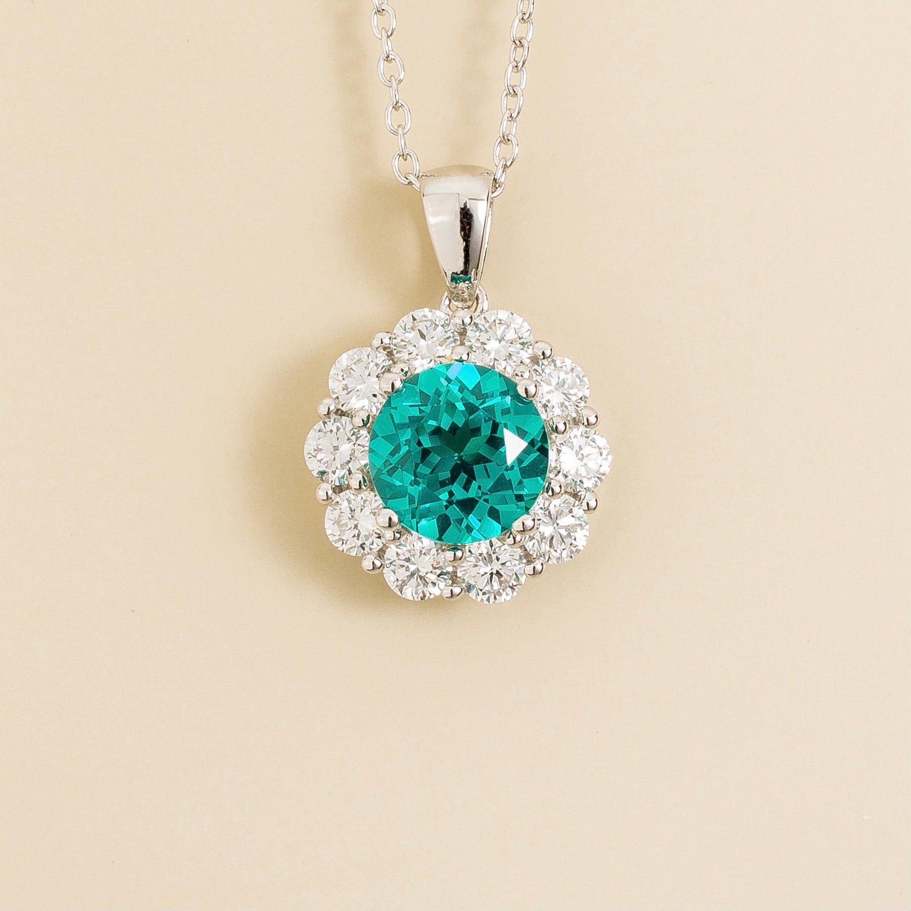Floret Paraiba Round & Diamond Halo Pendant Necklace in White Gold