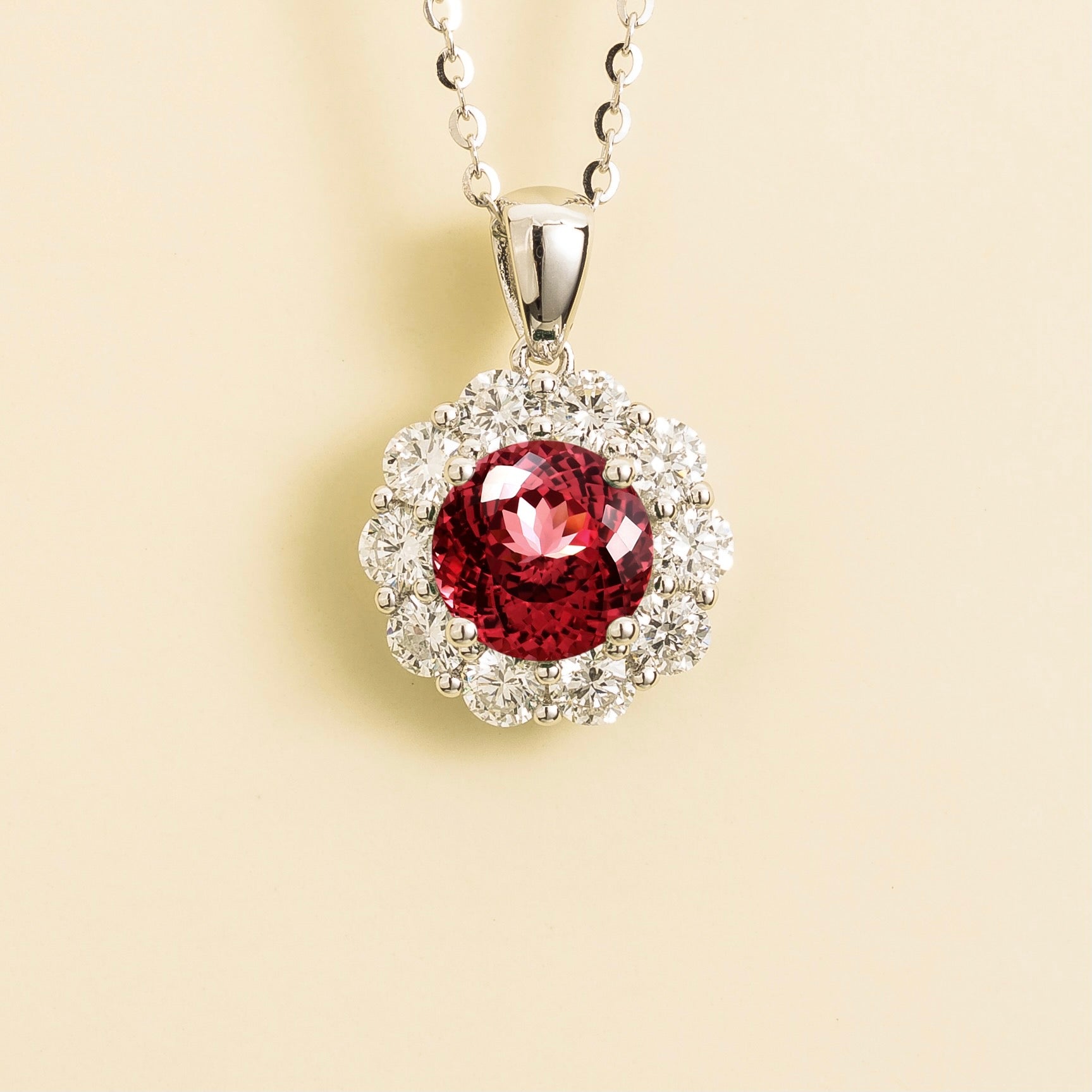 Floret Ruby Round & Diamond Halo Pendant Necklace in White Gold