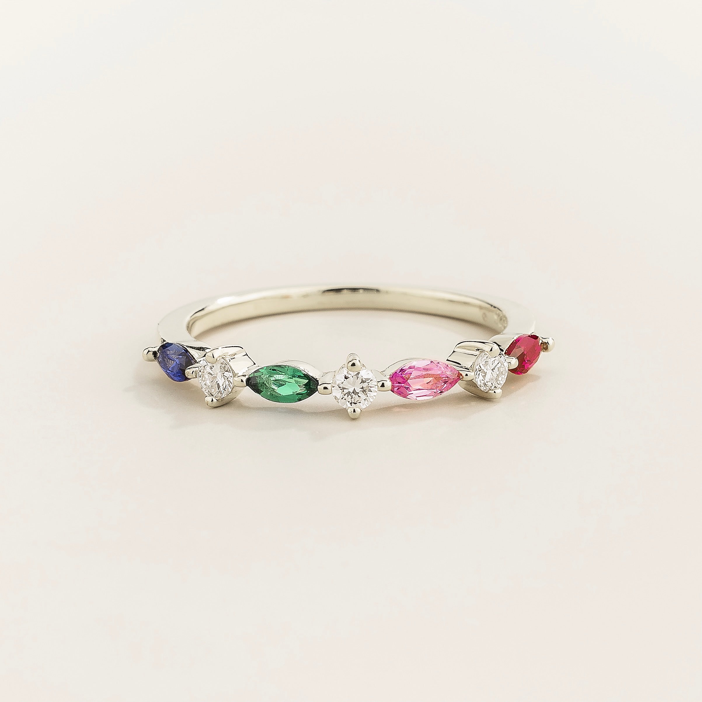 Marquise Ruby, Pink sapphire, Emerald, Blue sapphire & Diamond Half Eternity Band White Gold Ring