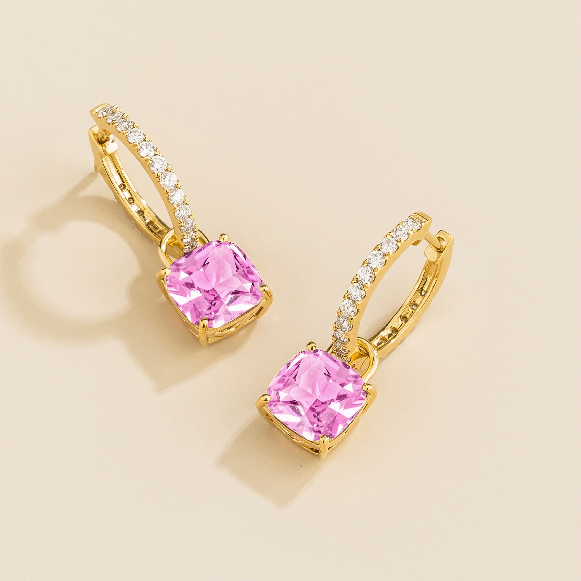 Oreol Pink Sapphire Cushion Cut & Diamond Hoop Drop Earrings in Gold