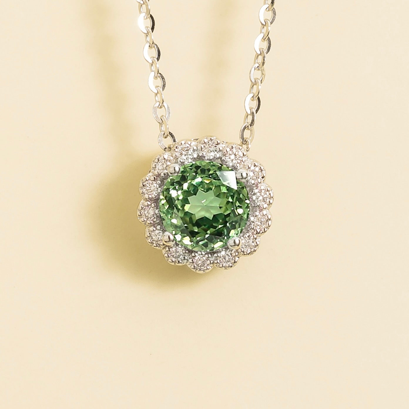Solen Green Sapphire Round & Diamond Halo Pendant Necklace in White Gold