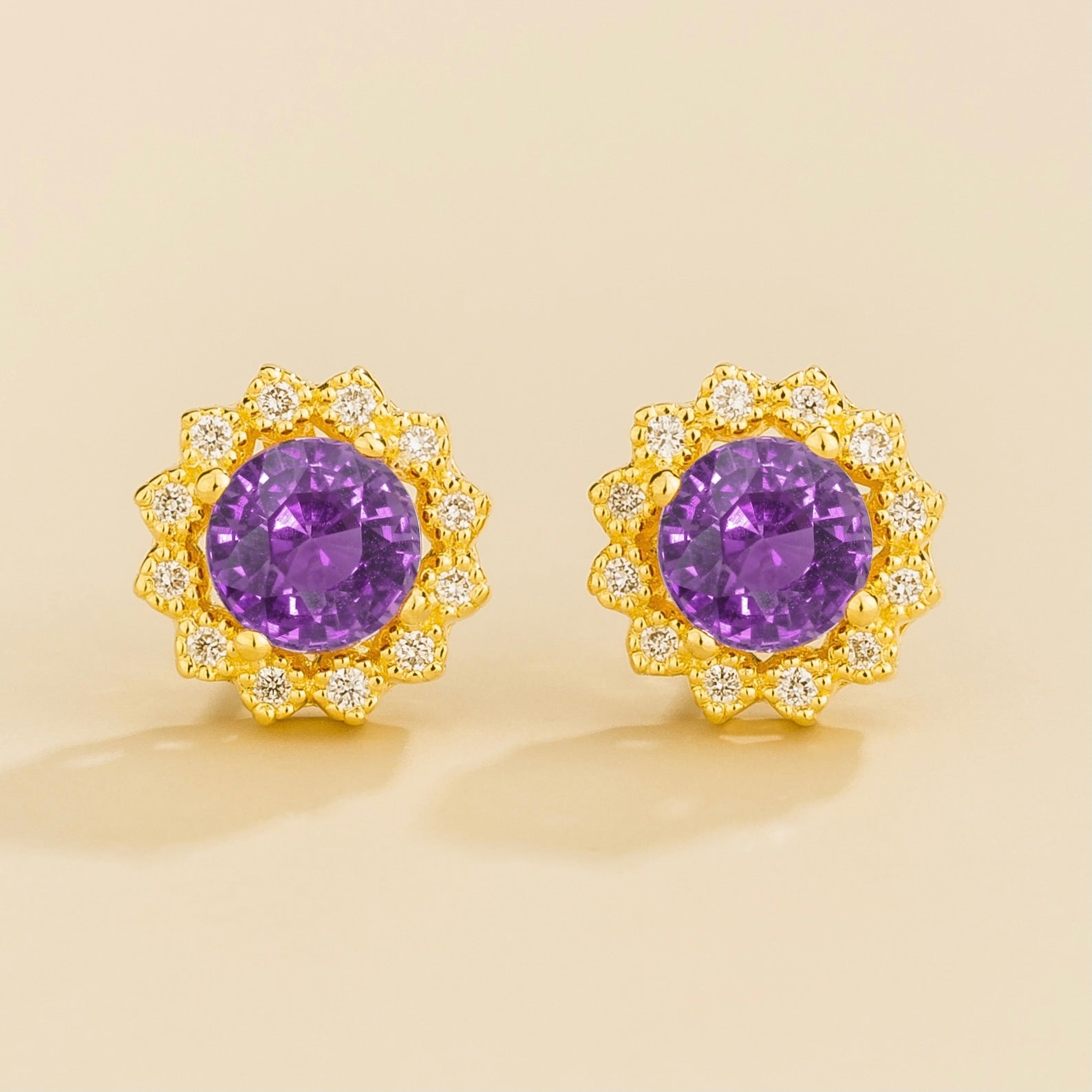 Solen Purple Sapphire Round & Diamond Halo Stud Earrings in Gold