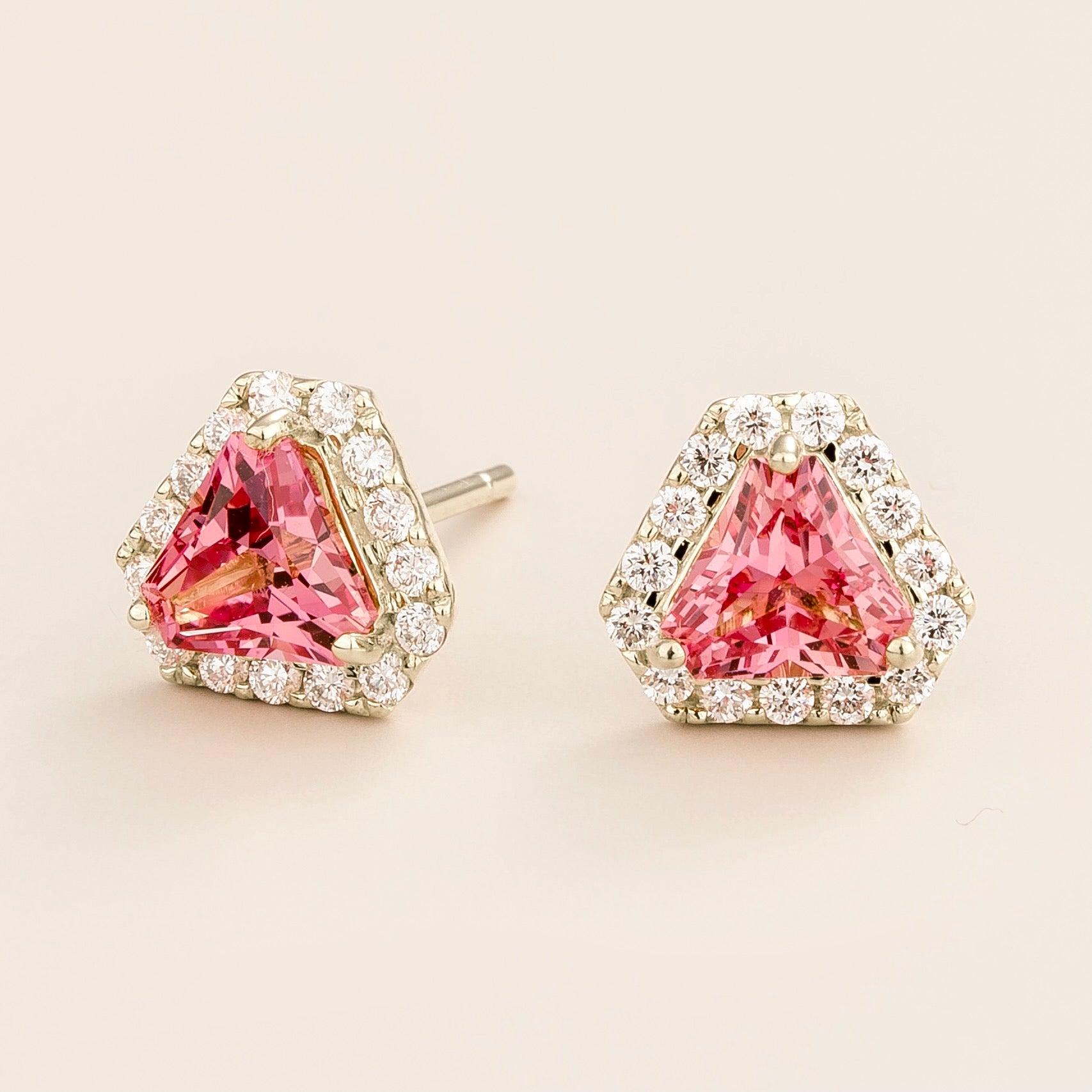 Diana Padparadscha Sapphire Triangle Cut & Diamond Halo Stud Earrings in White Gold