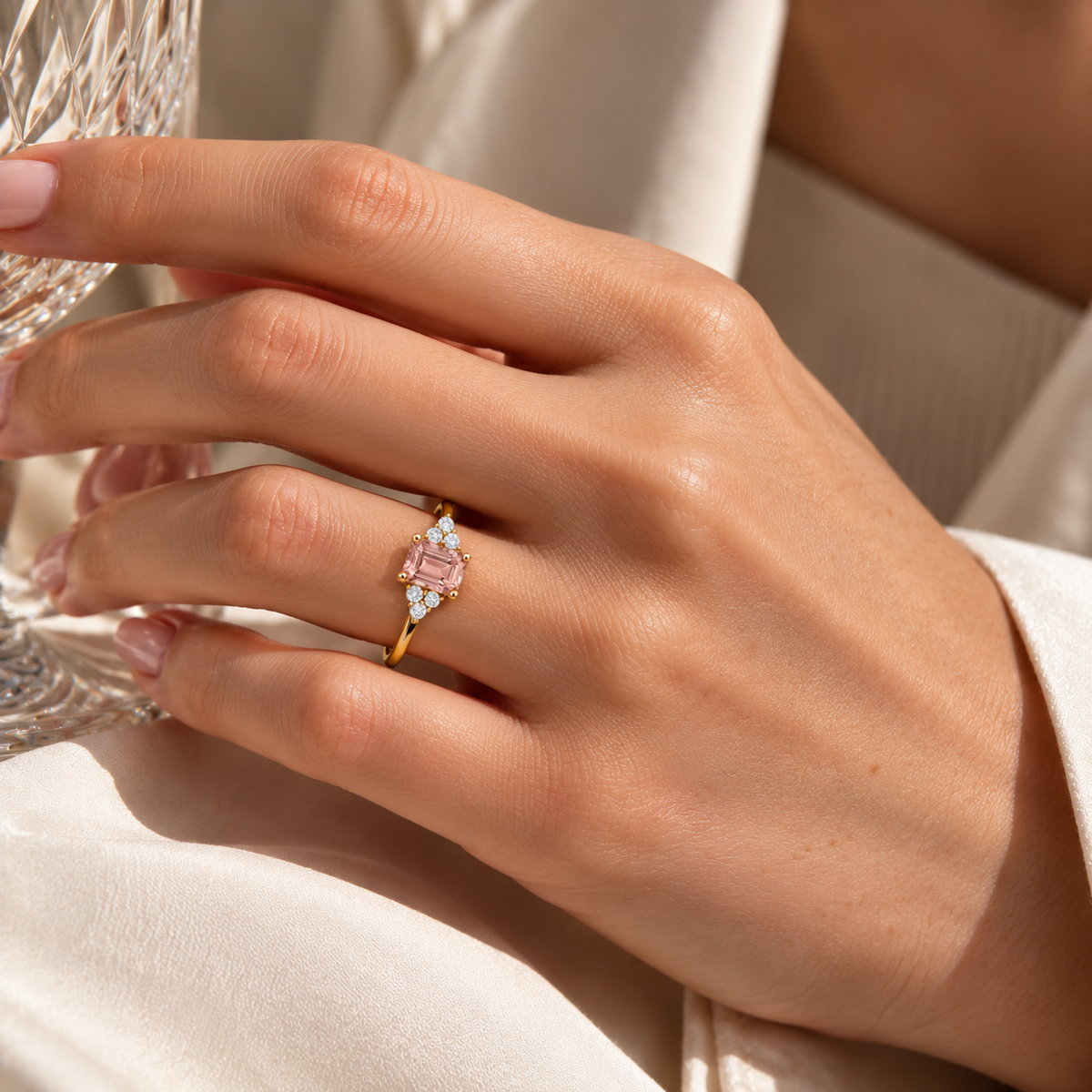 Chateau Morganite Emerald-Cut & Diamond Ring in Gold