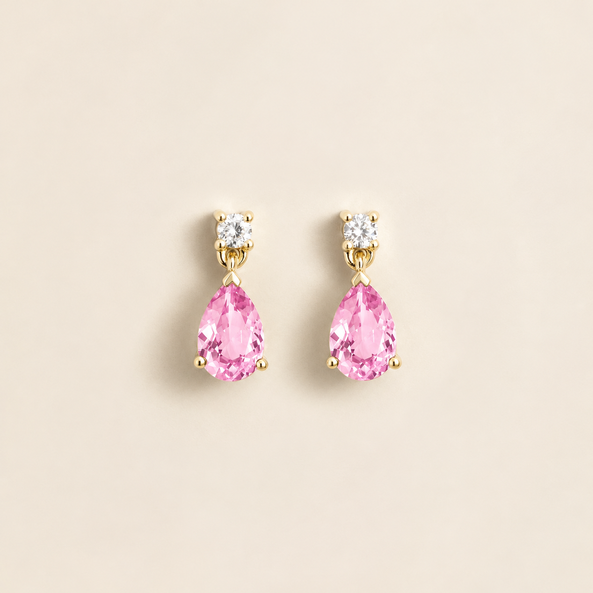 Pear Pink Sapphire & Diamond Drop Earrings in Gold