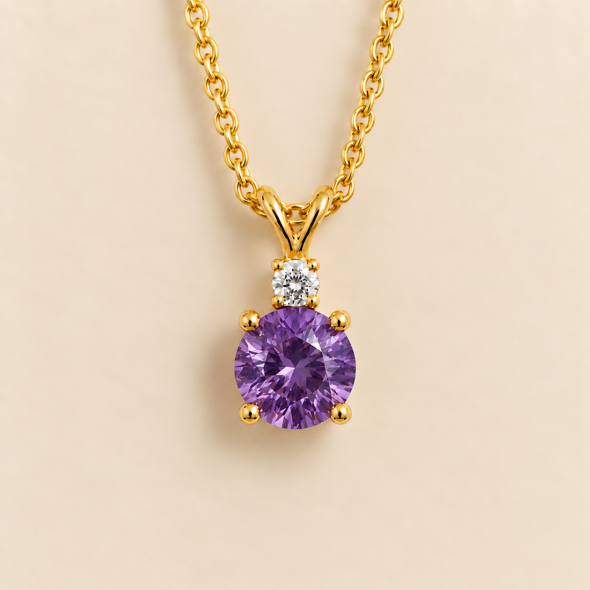Joie Round Purple Sapphire & Diamond Drop Pendant Necklace In Gold by Juvetti, bespoke jewellery London