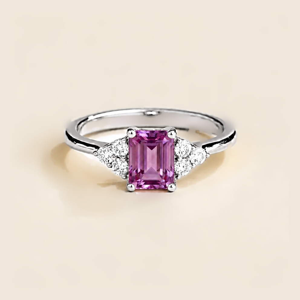 Front view of the Chateau Purple Sapphire Emerald-Cut & Diamond Ring in White Gold, handcrafted by Juvetti London
