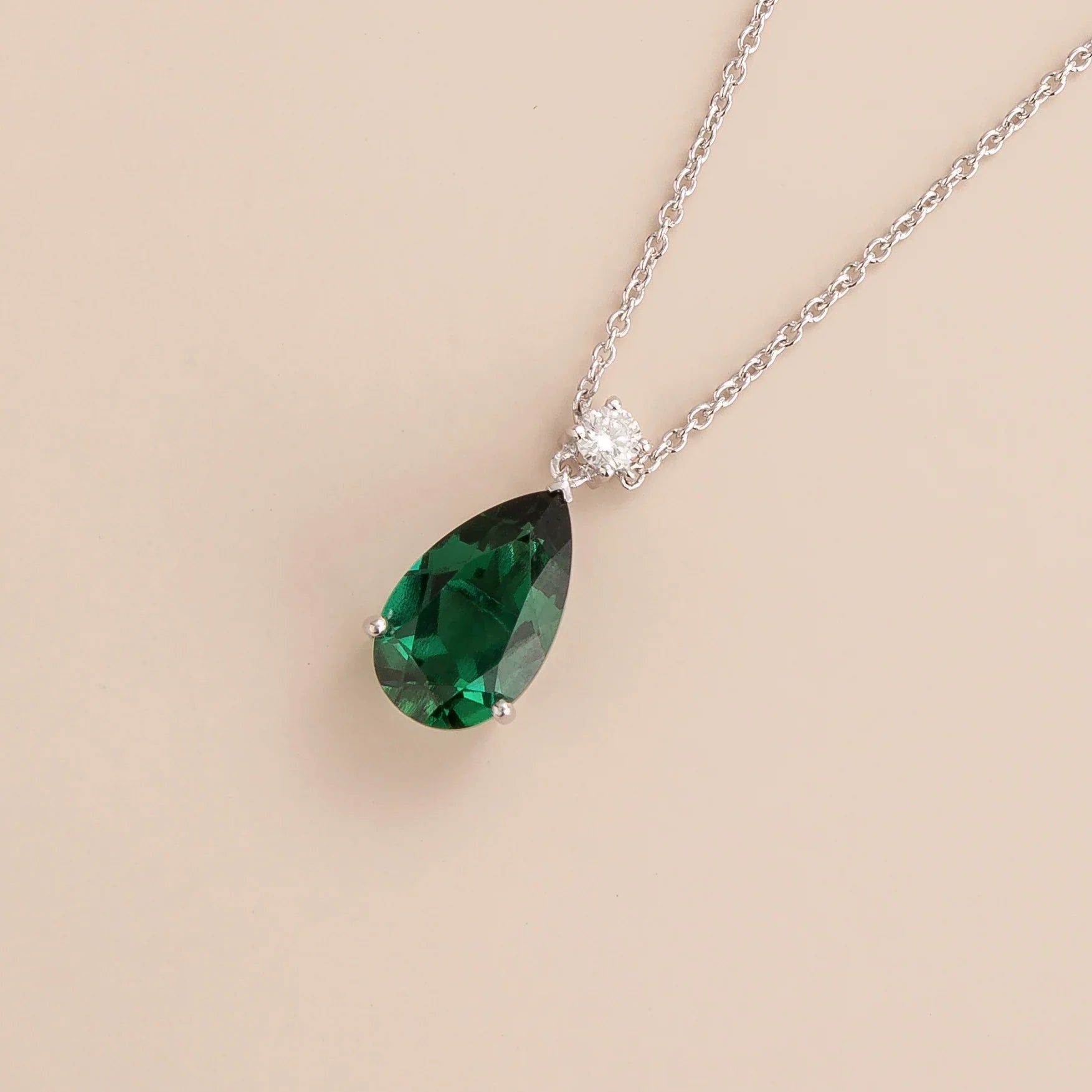 Pisa Emerald & Diamond Pear Drop Pendant Necklace In White Gold - Large