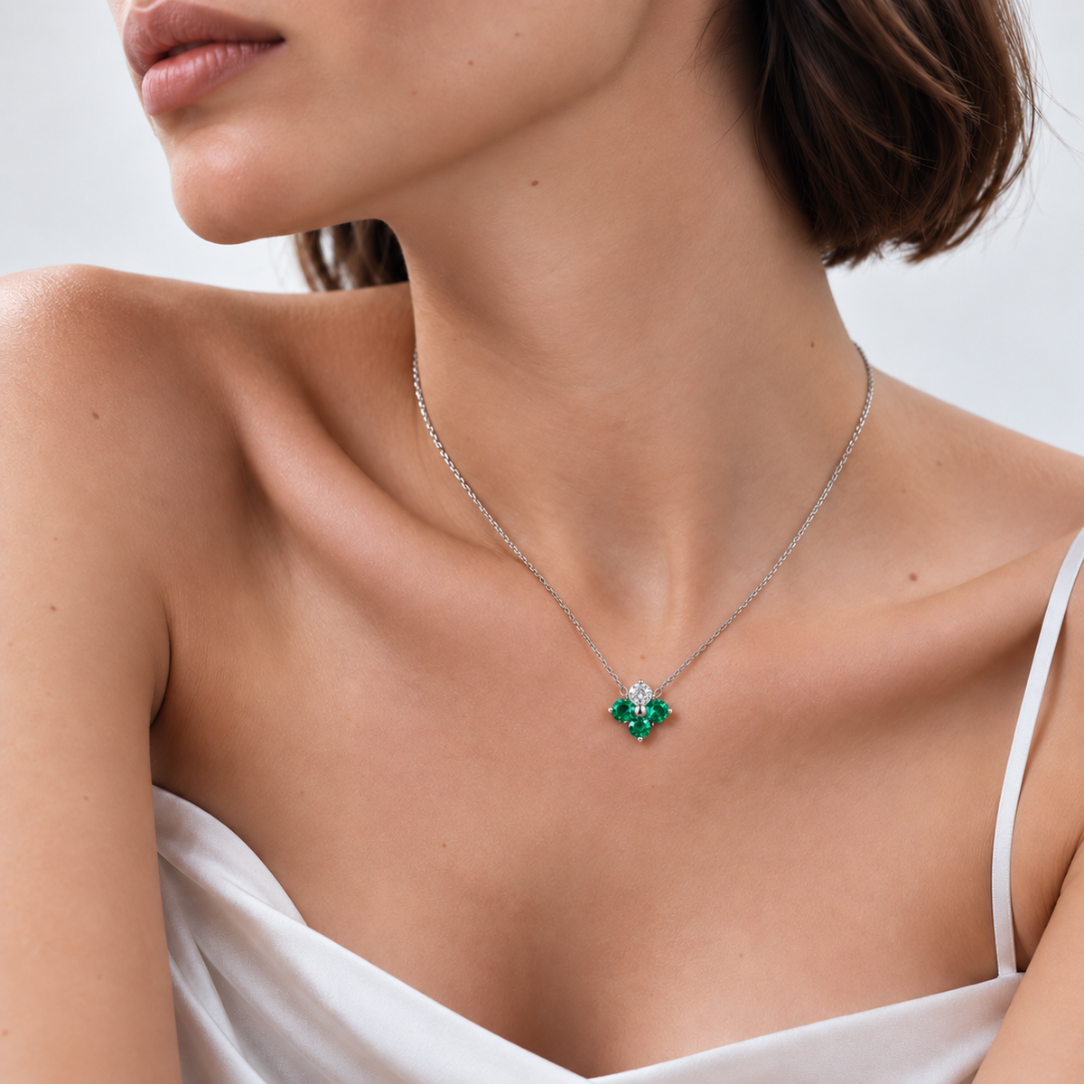 Clover Emerald & Diamond Necklace In White Gold