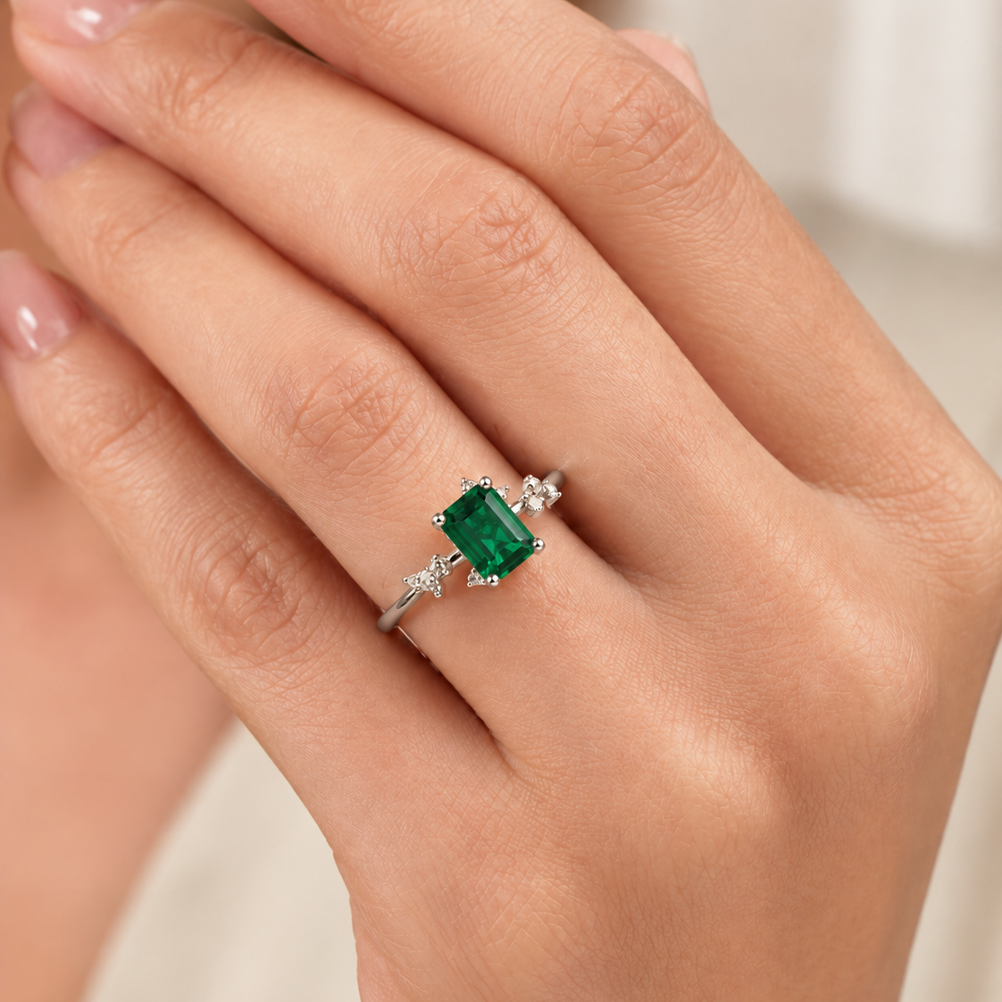 Frost Emerald-Cut Emerald & Diamond Ring in White Gold