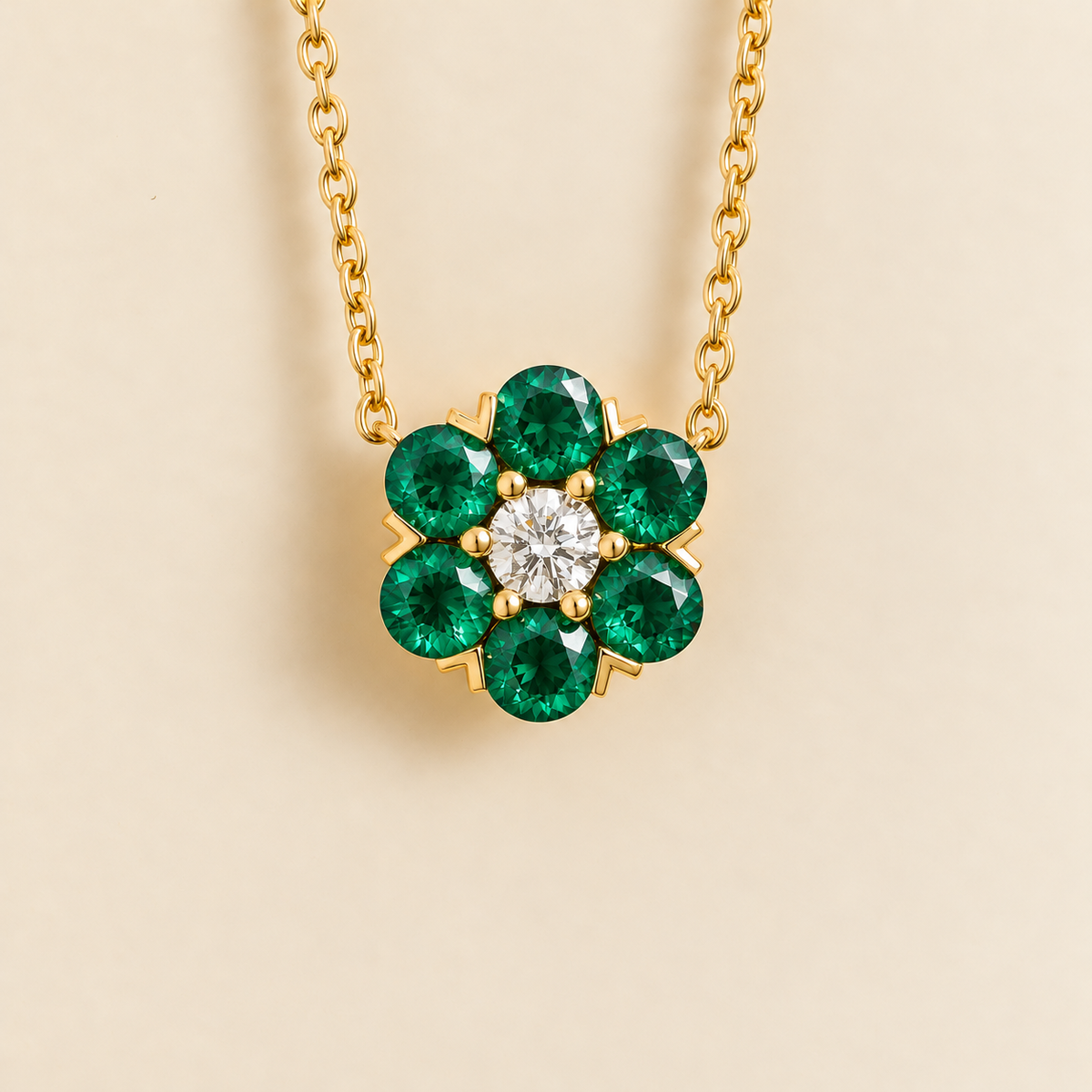 Cinq Emerald & Diamond Flower Pendant Necklace in Gold