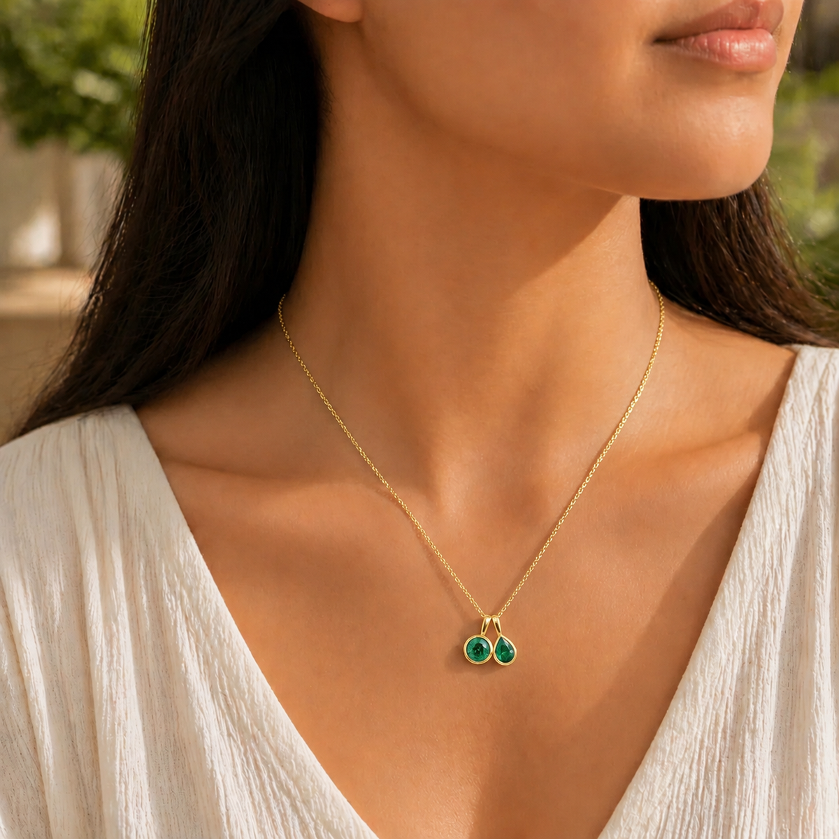 Prunus Emerald Round & Pear Cut Bezel Set Two-Stone Pendant Gold Necklace