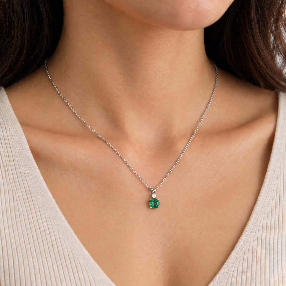 Joie Round Emerald & Diamond Drop Pendant Necklace in White Gold