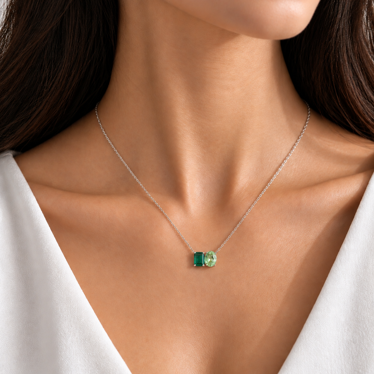 Buchon Emerald & Green Sapphire Two-Stone Pendant Necklace in White Gold