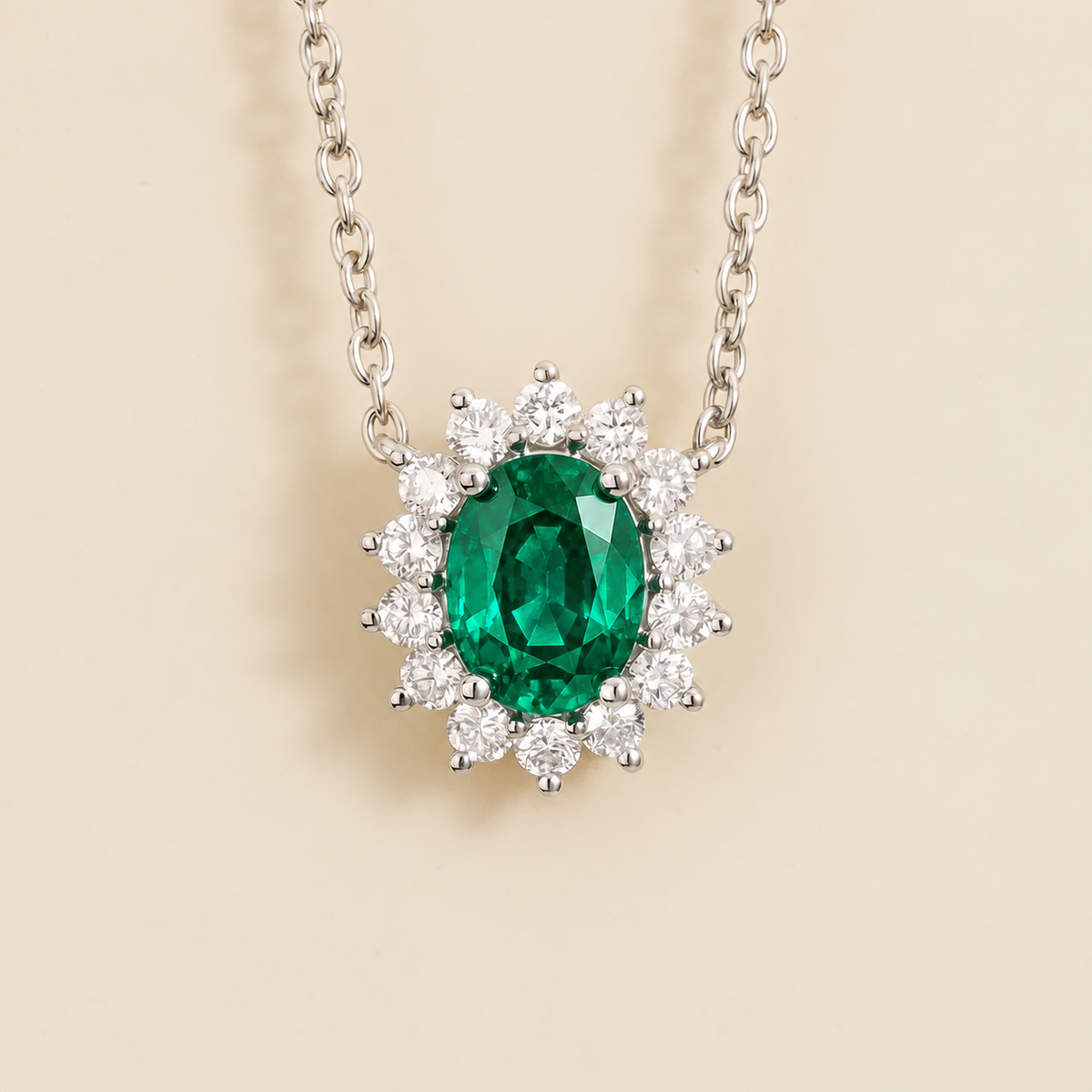 Divo Oval Emerald & Diamond Halo White Gold Necklace