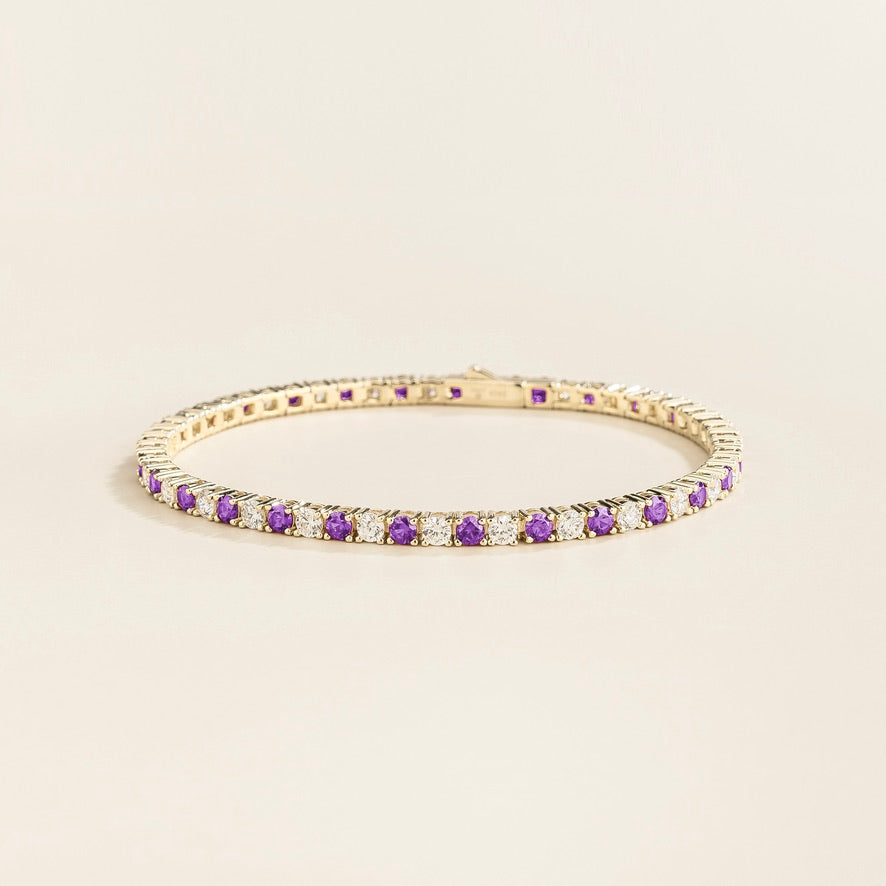 Round lab-grown purple sapphire and diamond tennis bracelet in white gold | Juvetti London