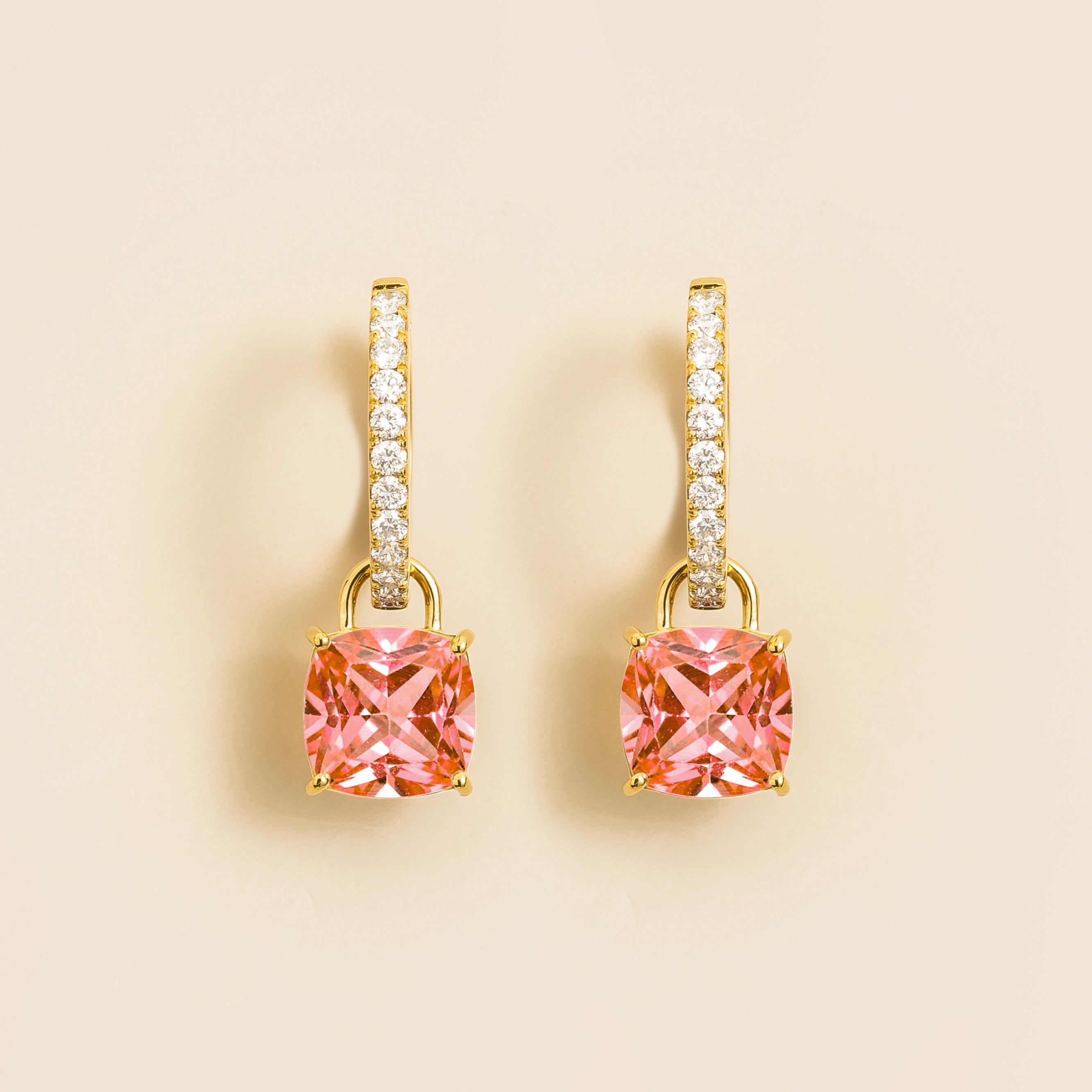 Oreol Padparadscha Sapphire Cushion Cut & Diamond Hoop Drop Earrings in Gold