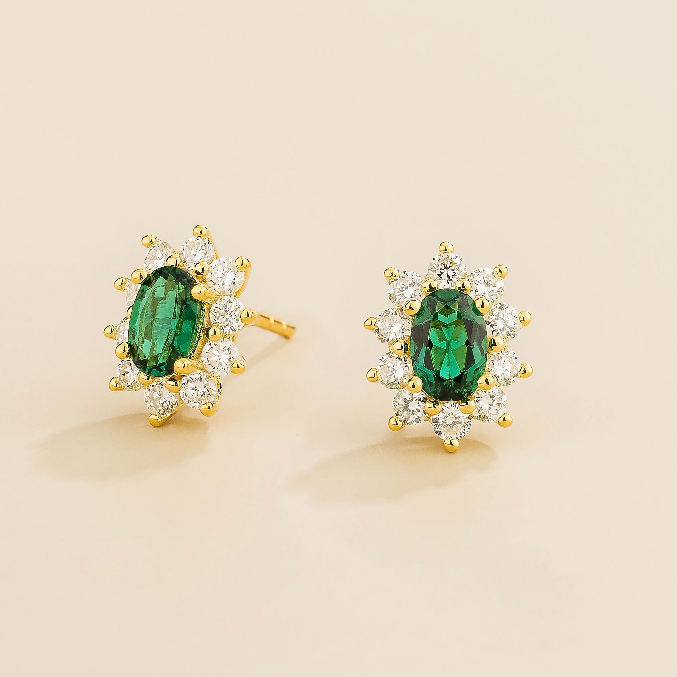 Oda Emerald Oval & Diamond Halo Earrings in Gold