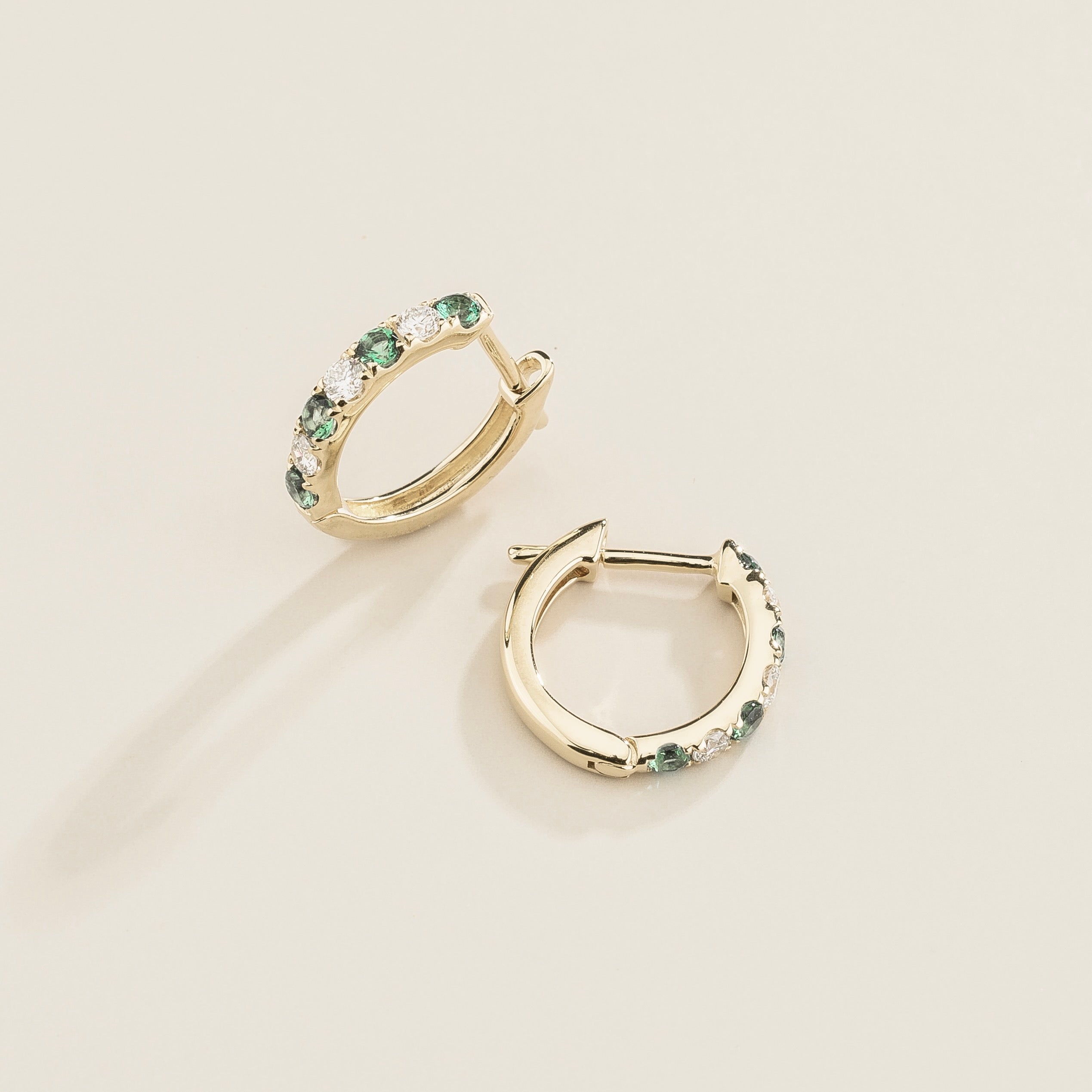 Stacy Emerald & Diamond Huggie Hoop Earrings in White Gold