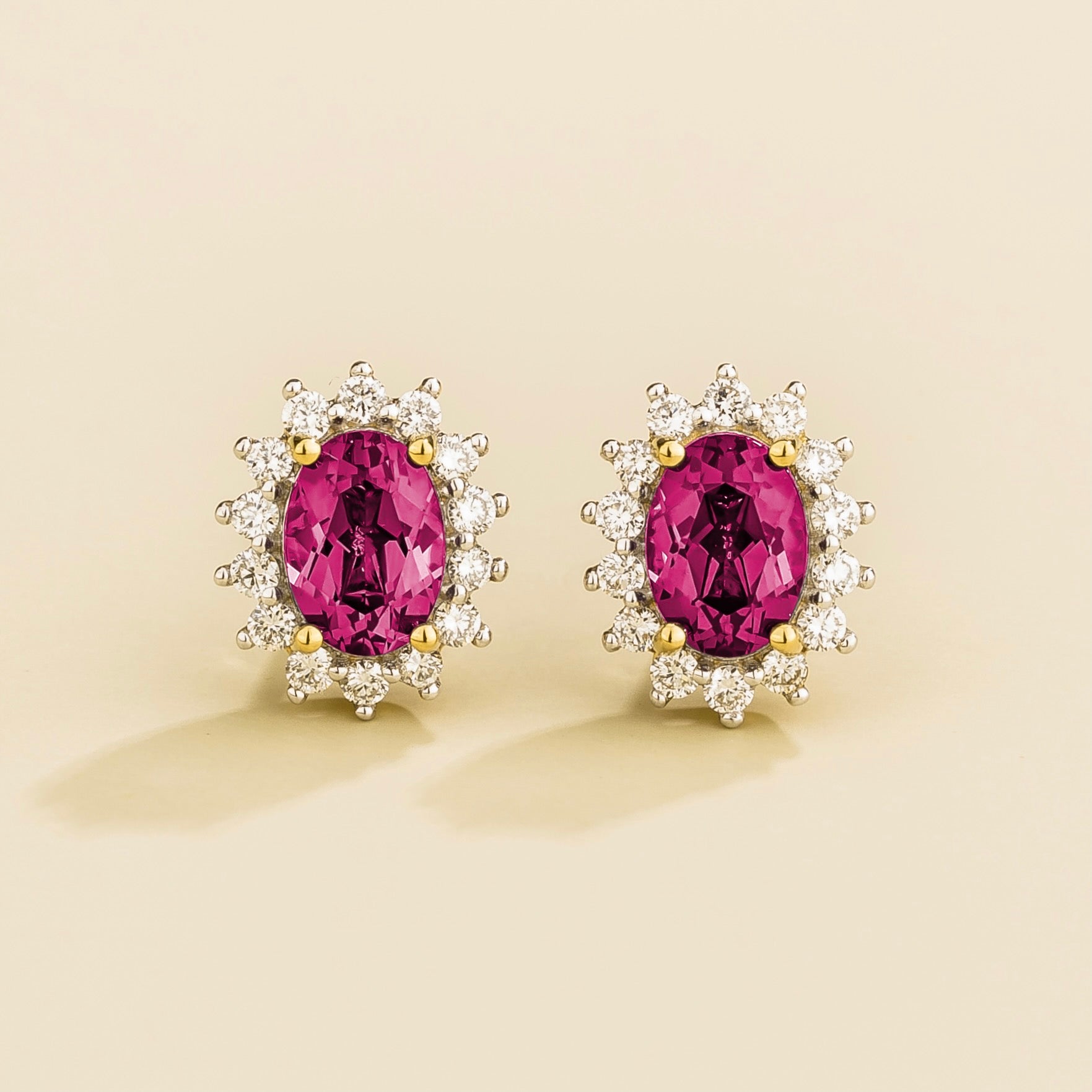 Divo Oval Vivid Pink Sapphire & Diamond Halo Gold Earrings