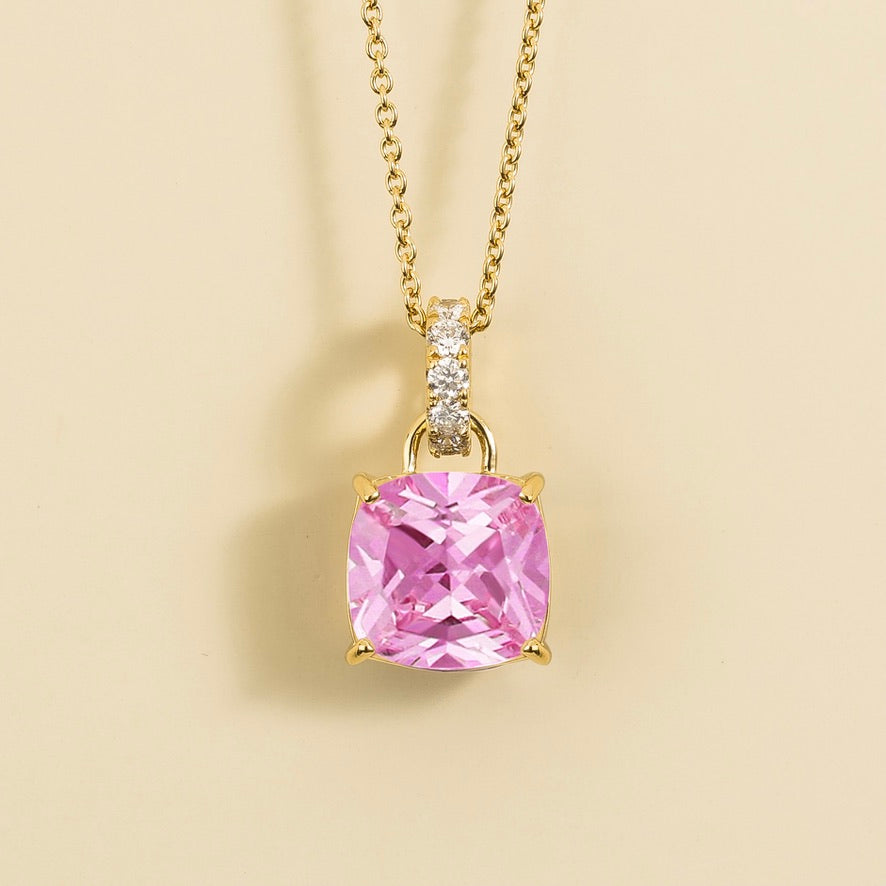 Cushion-cut lab-grown pink sapphire and diamond hoop pendant necklace in gold | Juvetti London