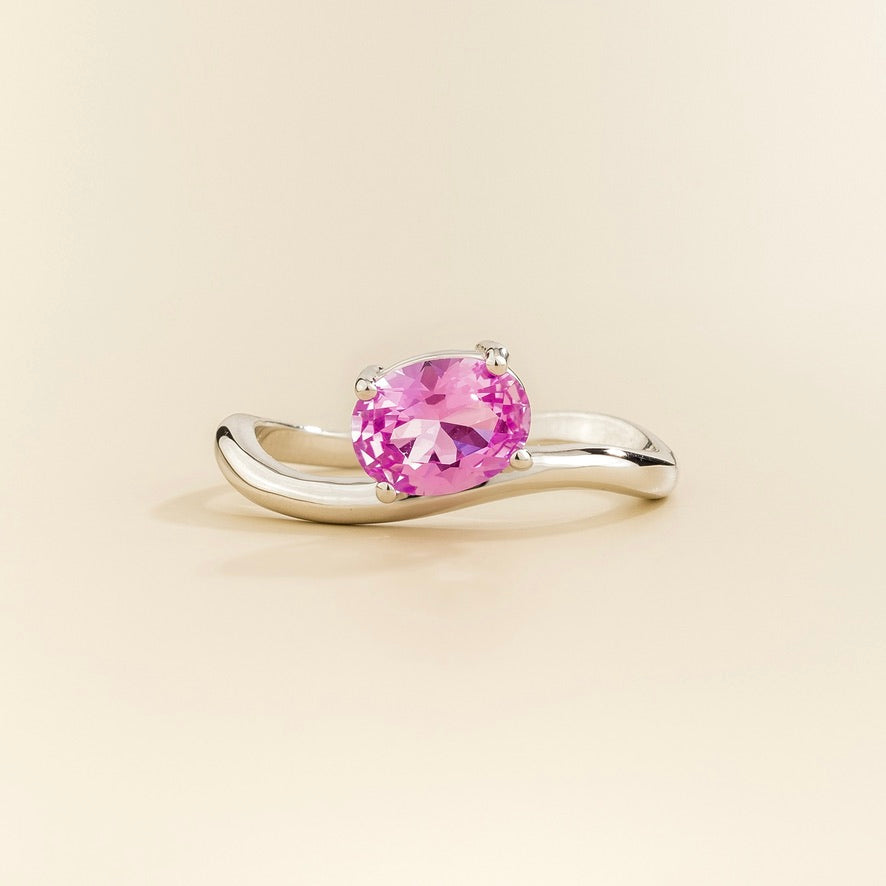 Luno Vivid Pink Sapphire Oval Solitaire Curved Band Ring in White Gold