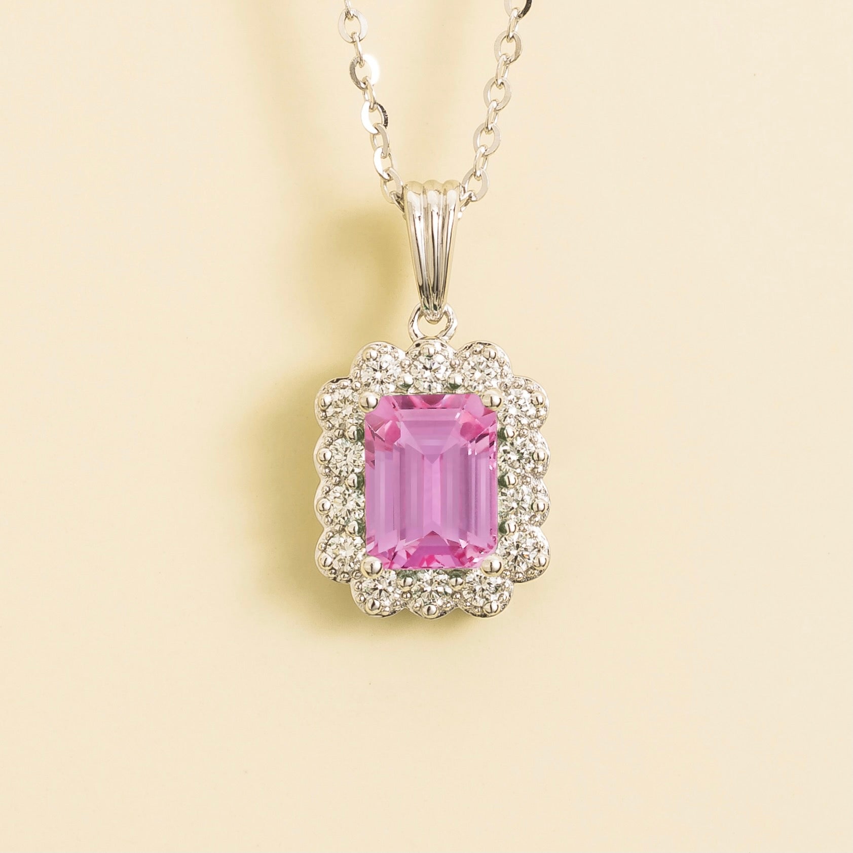 Verda Pink Sapphire Emerald-Cut & Diamond Halo Pendant Necklace in White Gold