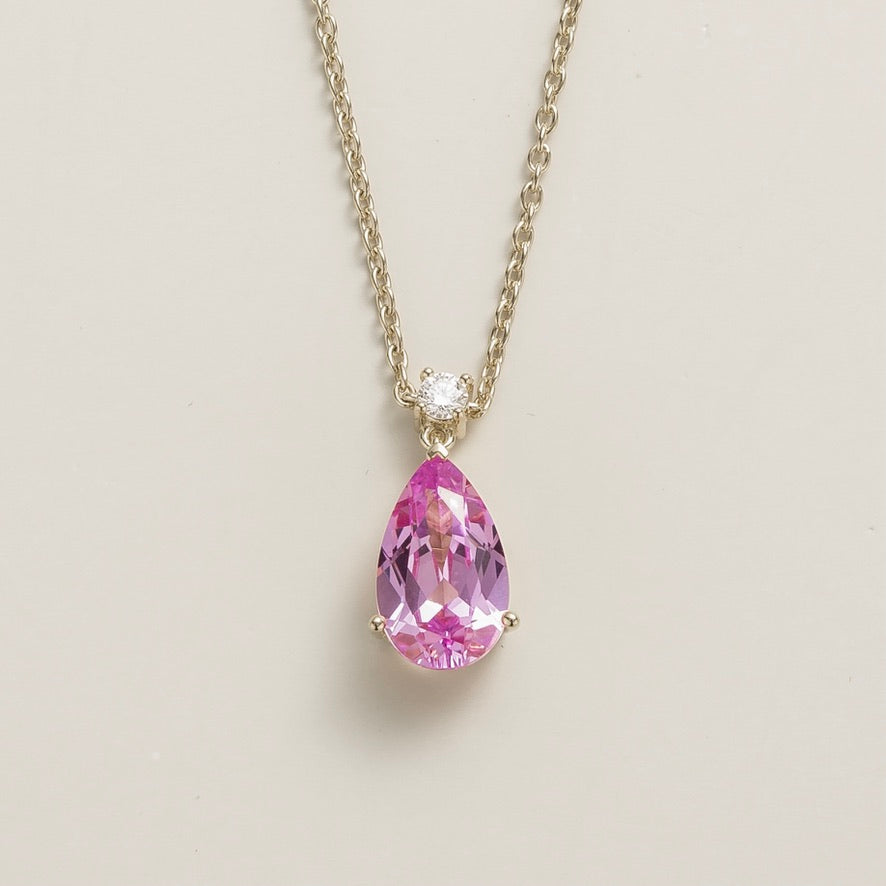 Pear-drop lab-grown pink sapphire and diamond pendant necklace, Pisa large design in white gold | Juvetti London