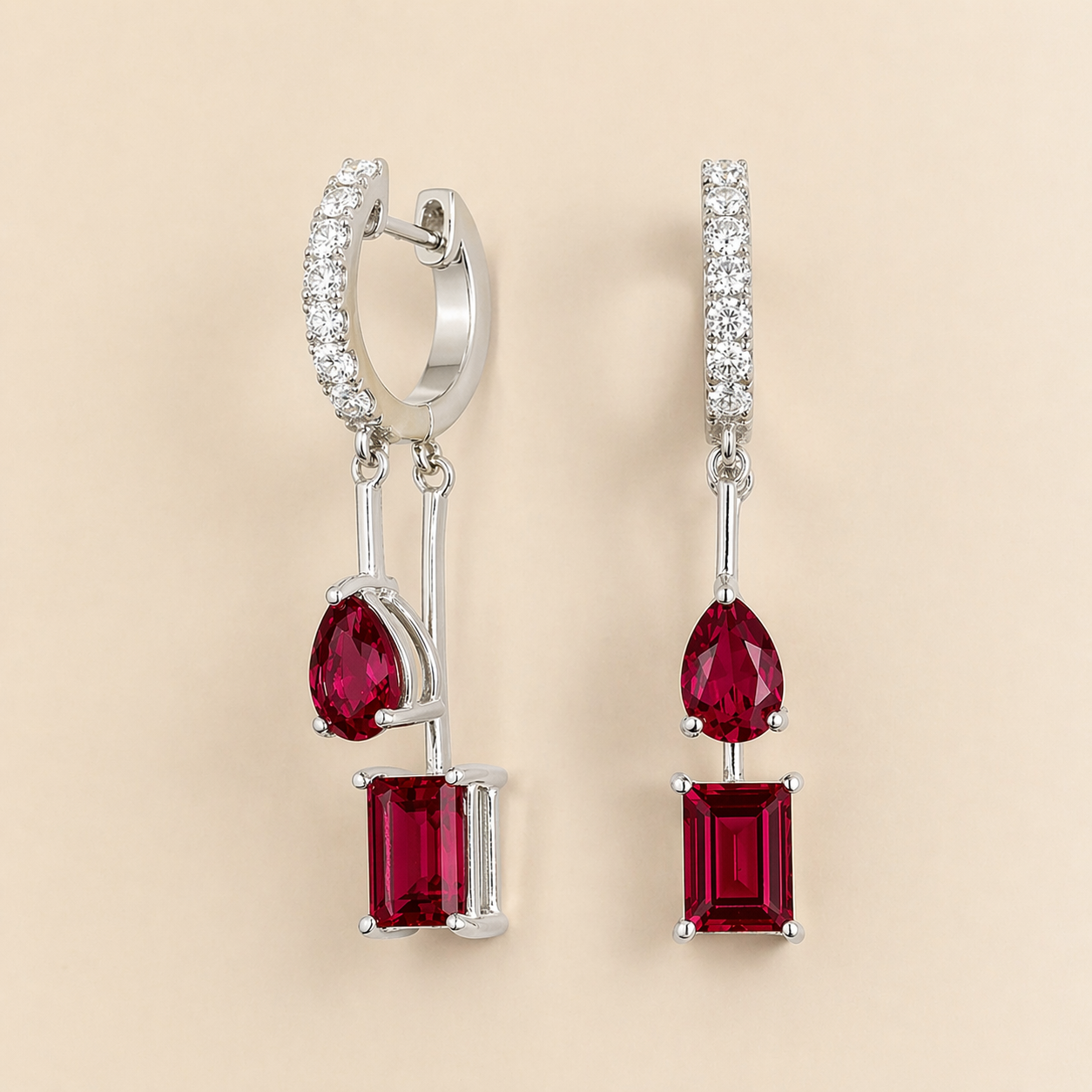 Faire Ruby & Diamond Pavé Drop Huggie Hoop Earrings in White Gold