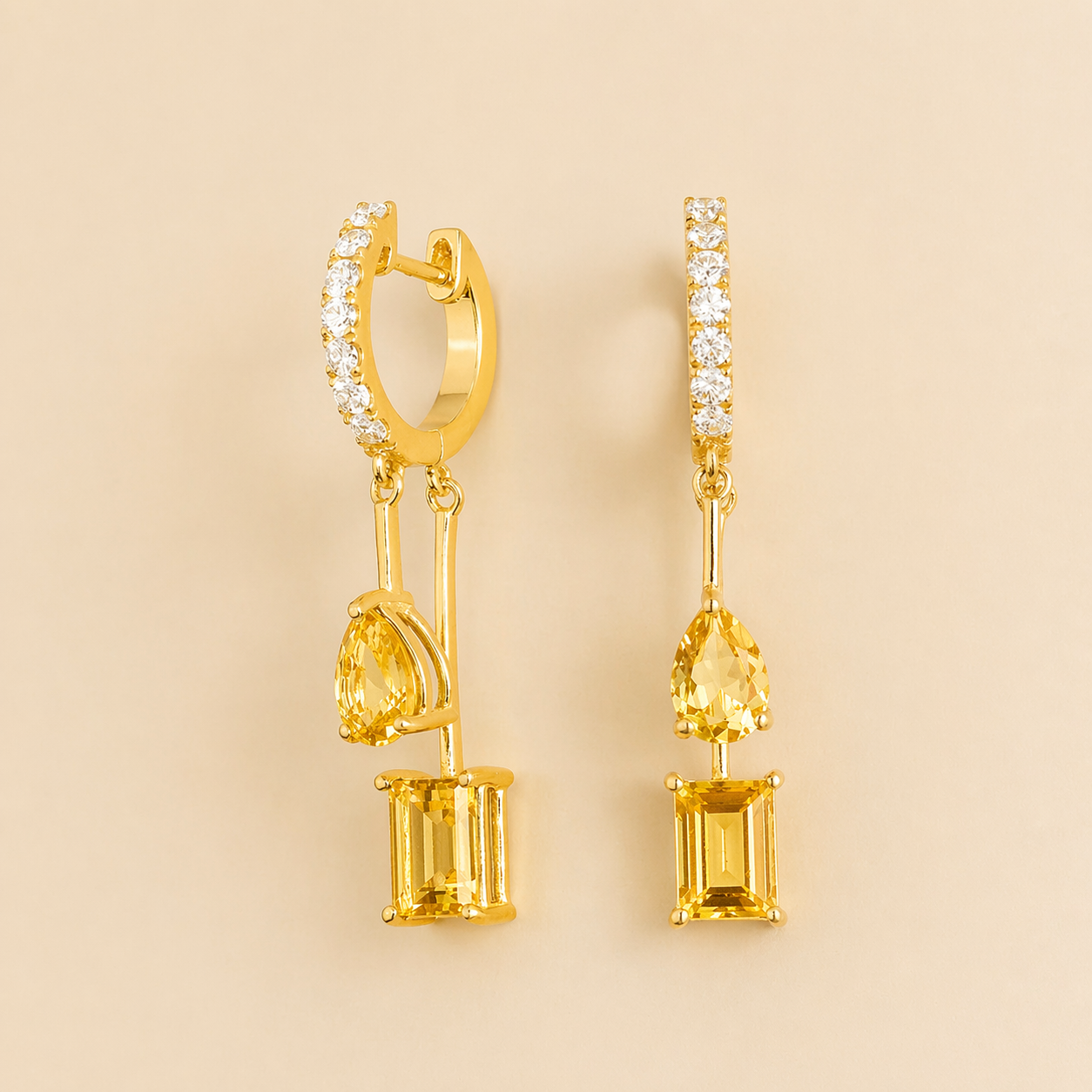 Faire Yellow Sapphire & Diamond Pavé Drop Huggie Hoop Earrings in Gold