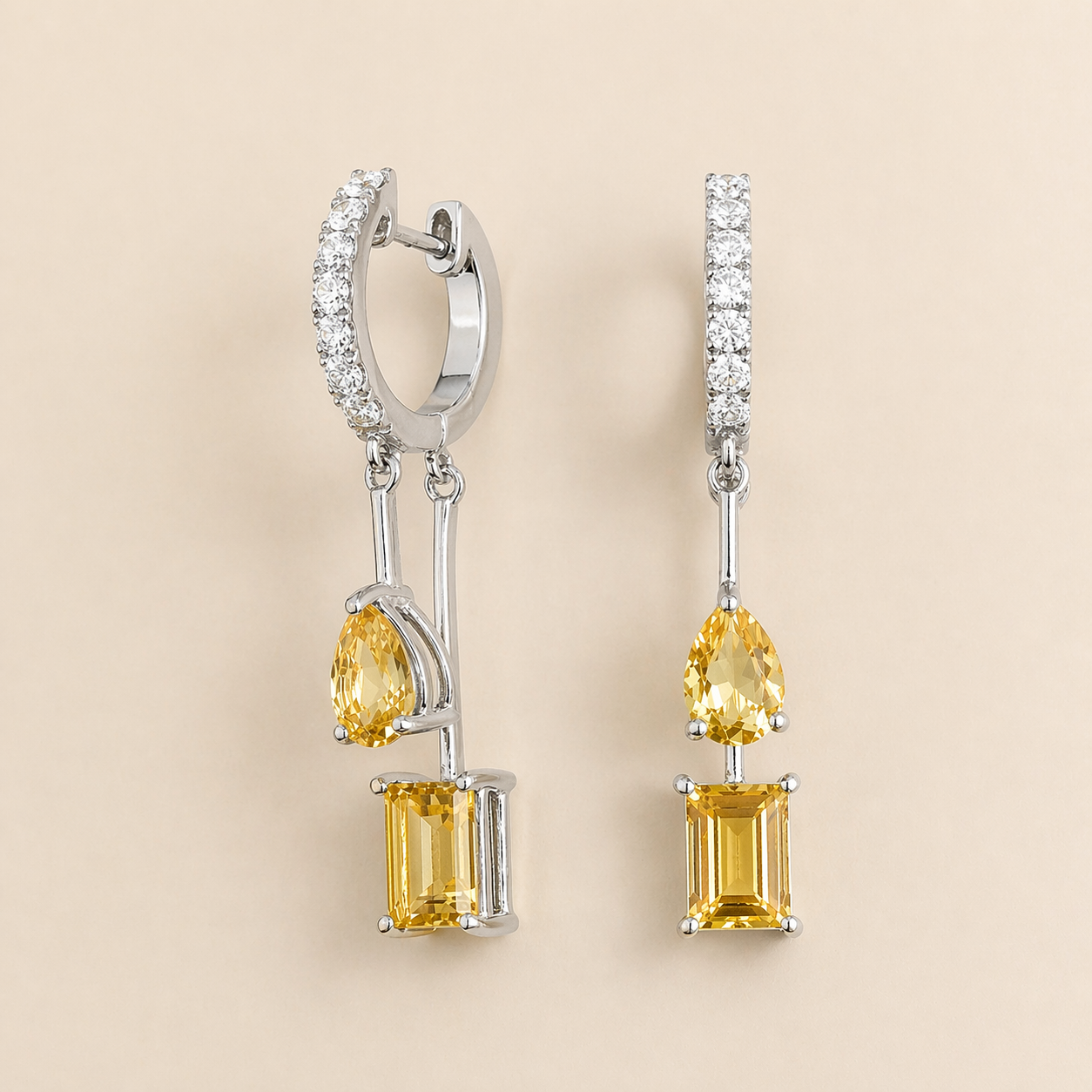 Faire Yellow Sapphire & Diamond Pavé Drop Huggie Hoop Earrings in White Gold