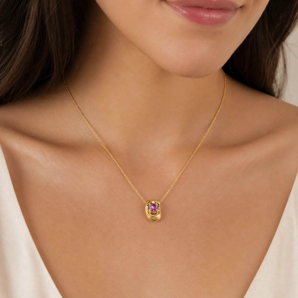 Fava Round Pink Sapphire Oval Pendant Necklace in Gold