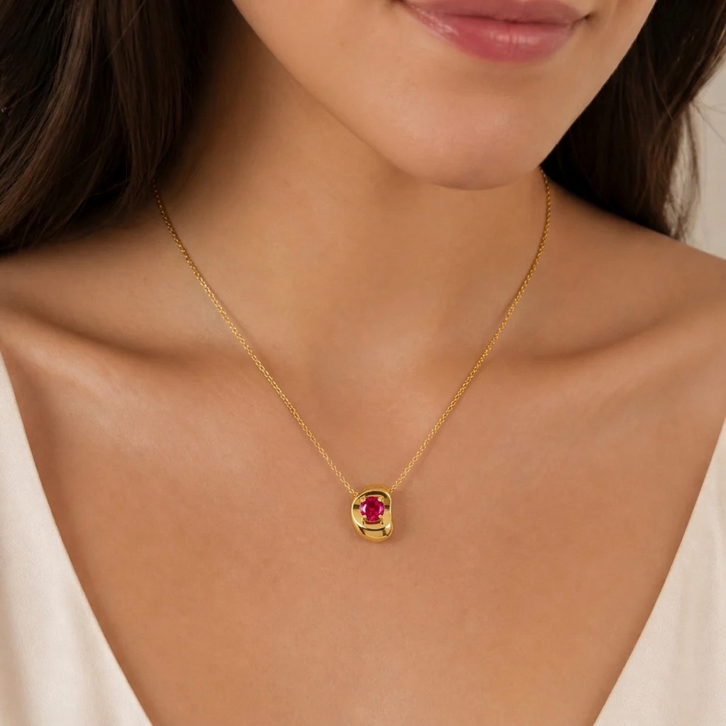Fava Round Ruby Oval Pendant Necklace in Gold