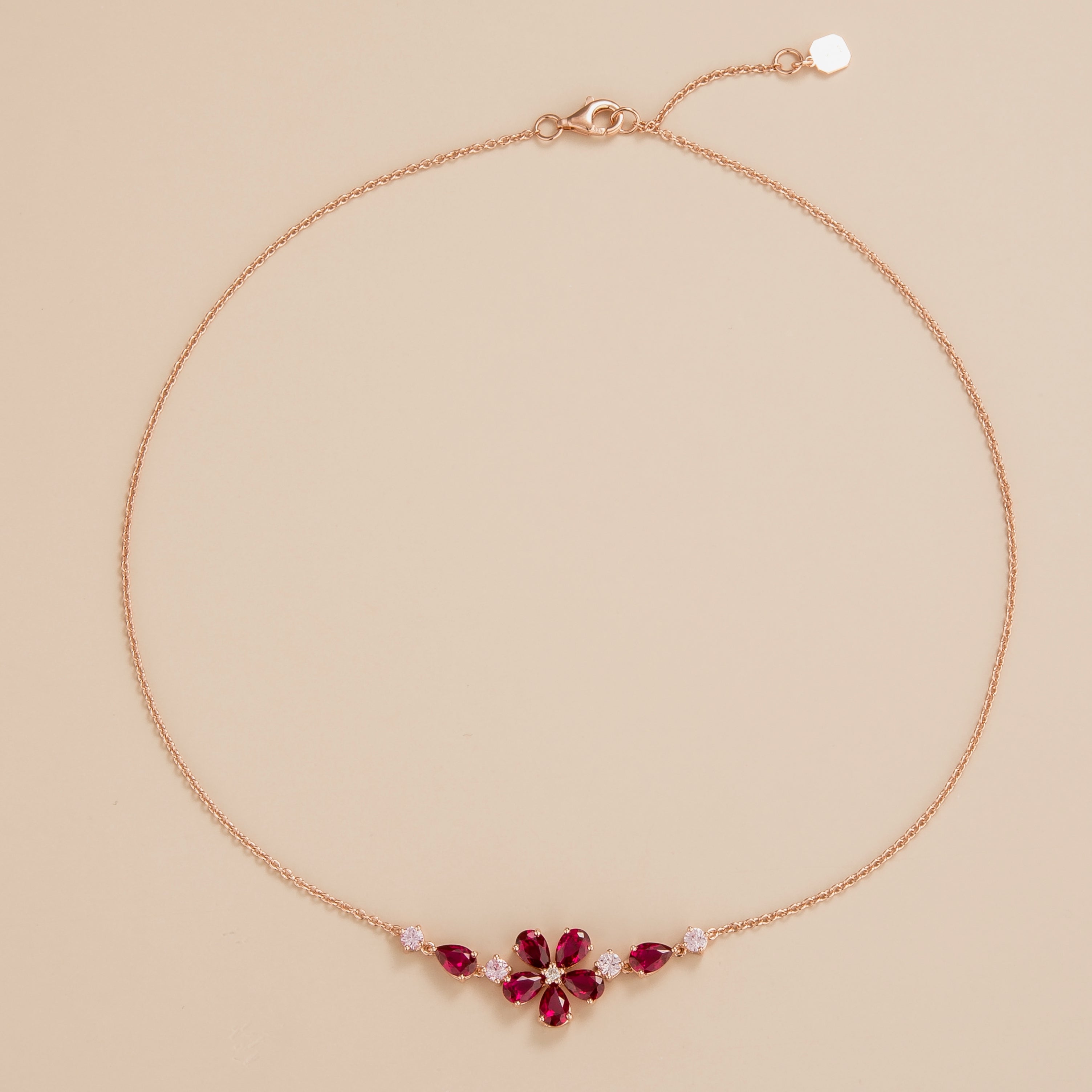 Florea floral flower necklace in 18K pink gold vermeil set with lab grown diamond, ruby and pink sapphire gem stone. Perfect for yourself and as gift.