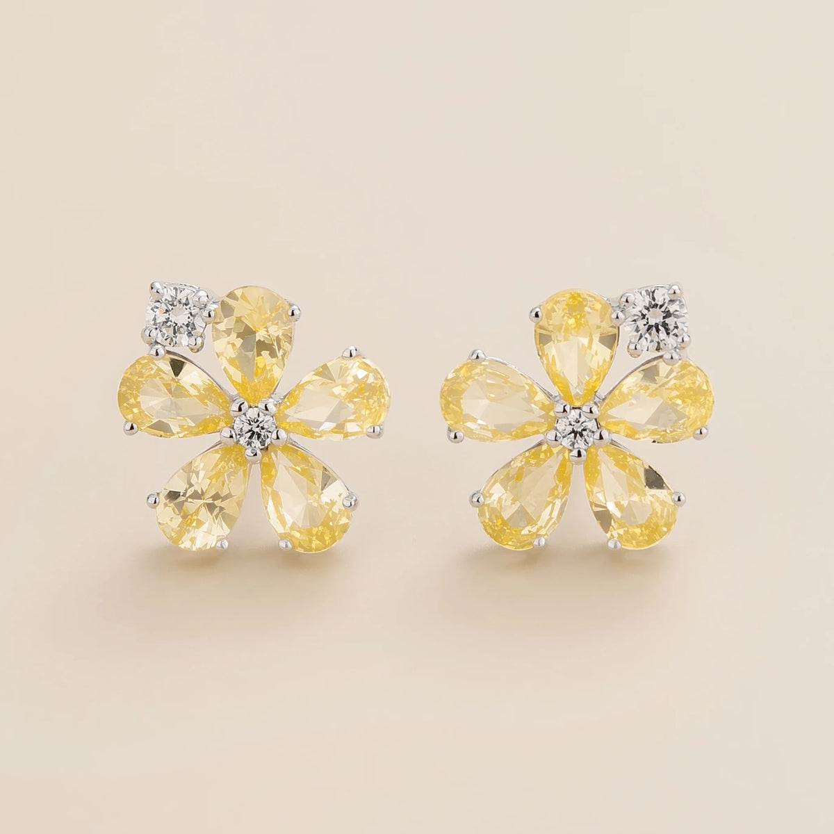 Flower Yellow Sapphire & Diamond Stud Earrings in White Gold