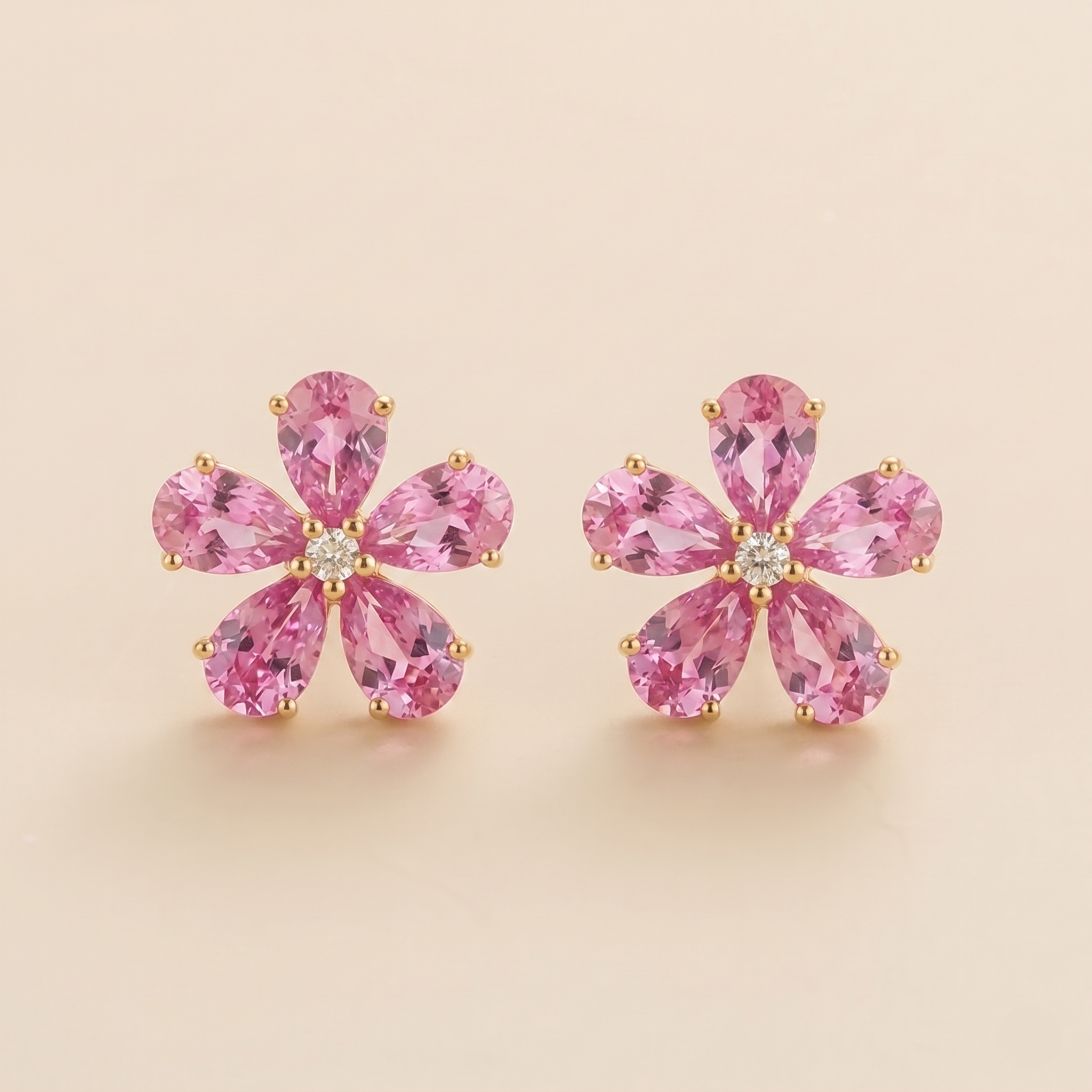 Florea Pastel Pink Sapphire & Diamond Flower Stud Earrings in Gold