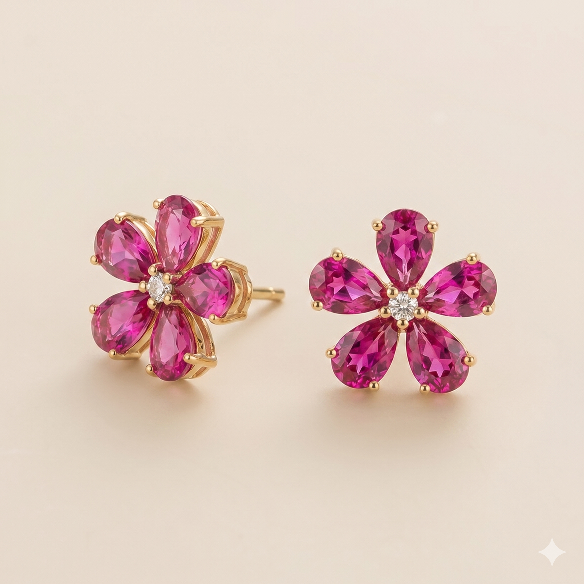 Florea Vivid Hot Pink Sapphire & Diamond Flower Stud Earrings in Gold