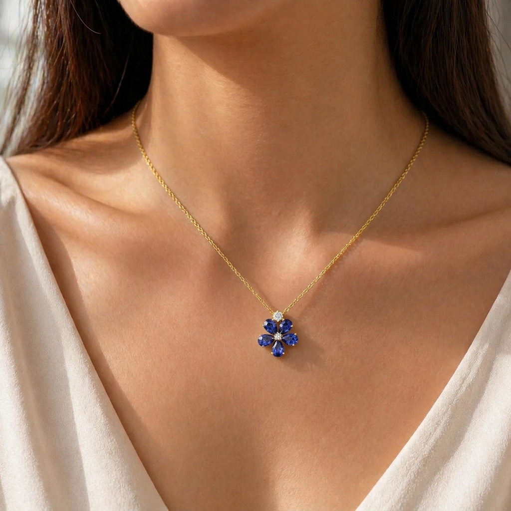 Florea Blue Sapphire & Diamond Flower Pendant Necklace in Gold